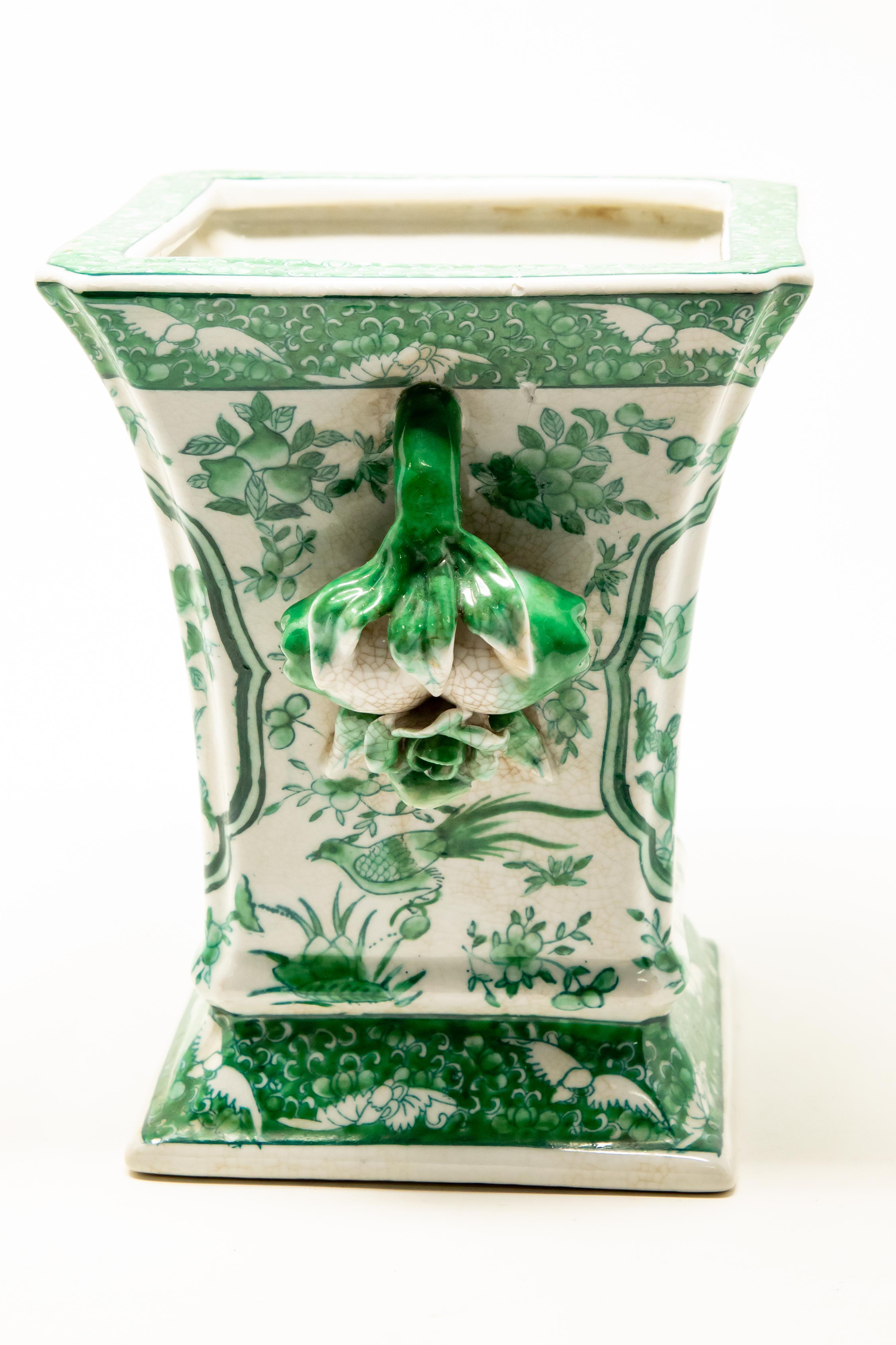 green and white vases