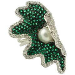 Green and White Stones, White Pearl, Silver Seashell Ring