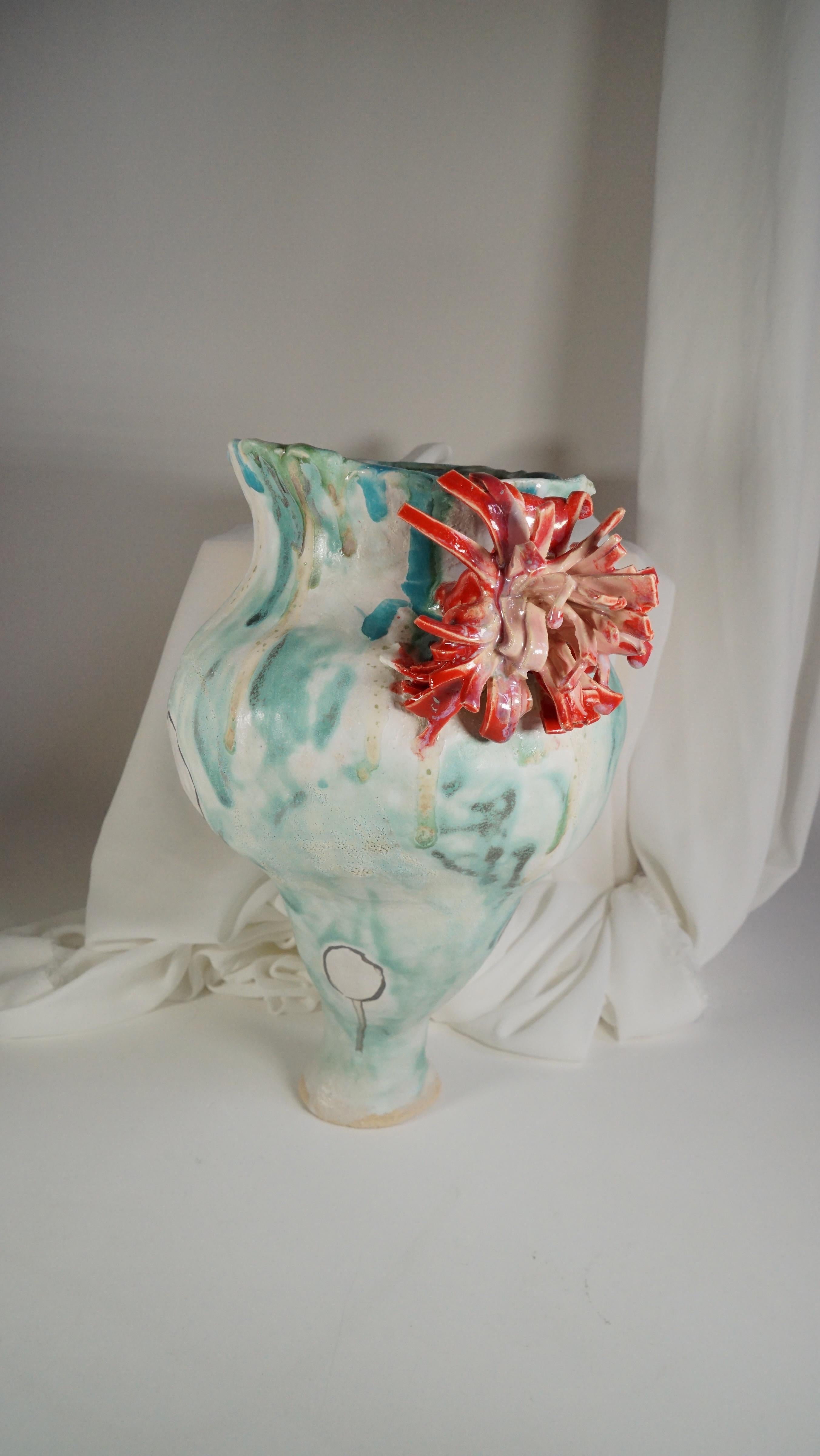 Green and White Stoneware Spain Inspired Vessel by Hania Jneid For Sale 9