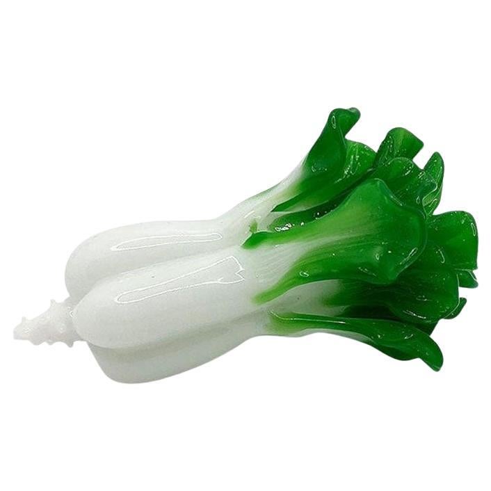 Green and White Vintage Murano Art Glass Bok Choy Vegetable, 20th Century