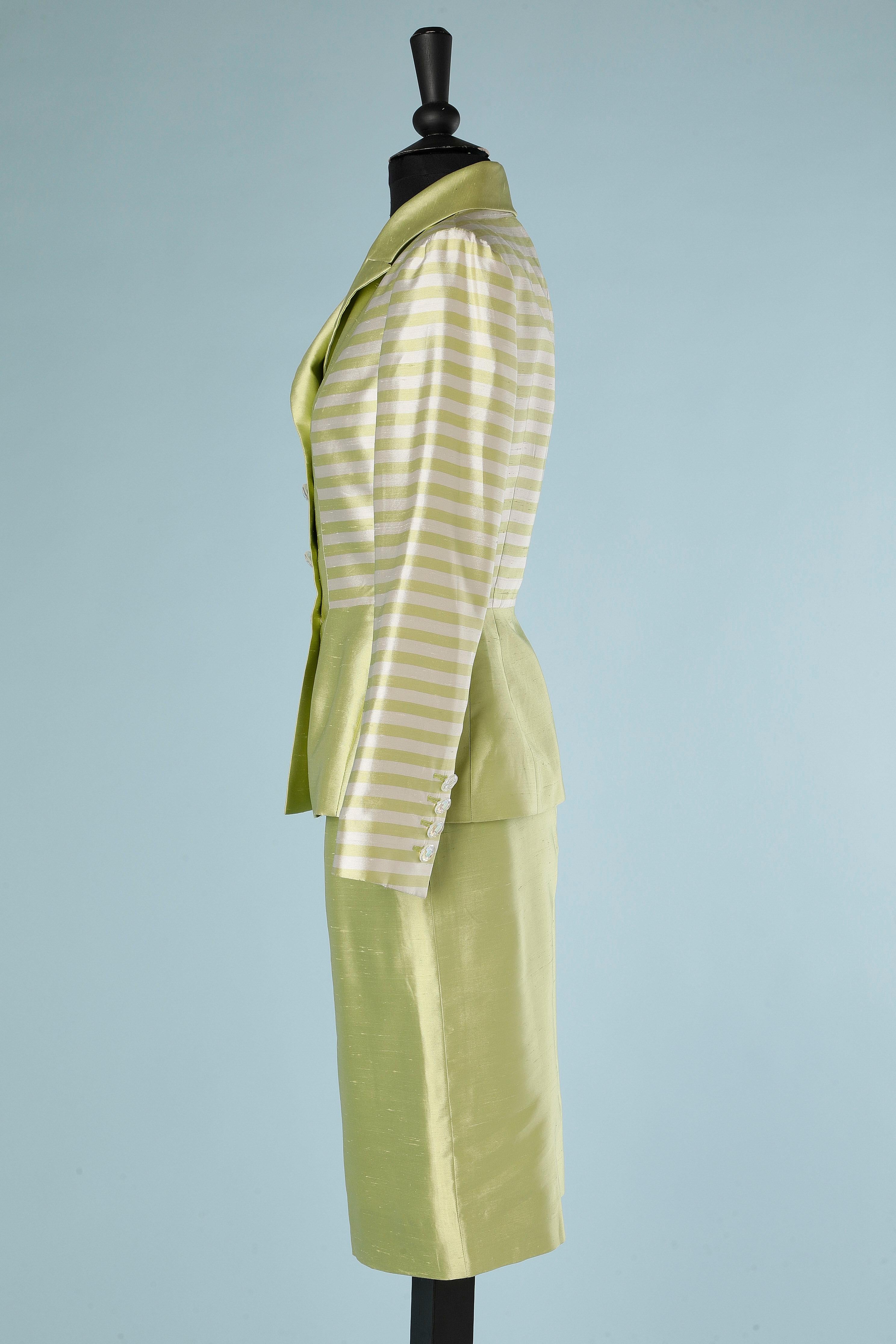 Green and white wild silk skirt-suit Jacques Fath for Neiman Marcus  For Sale 1
