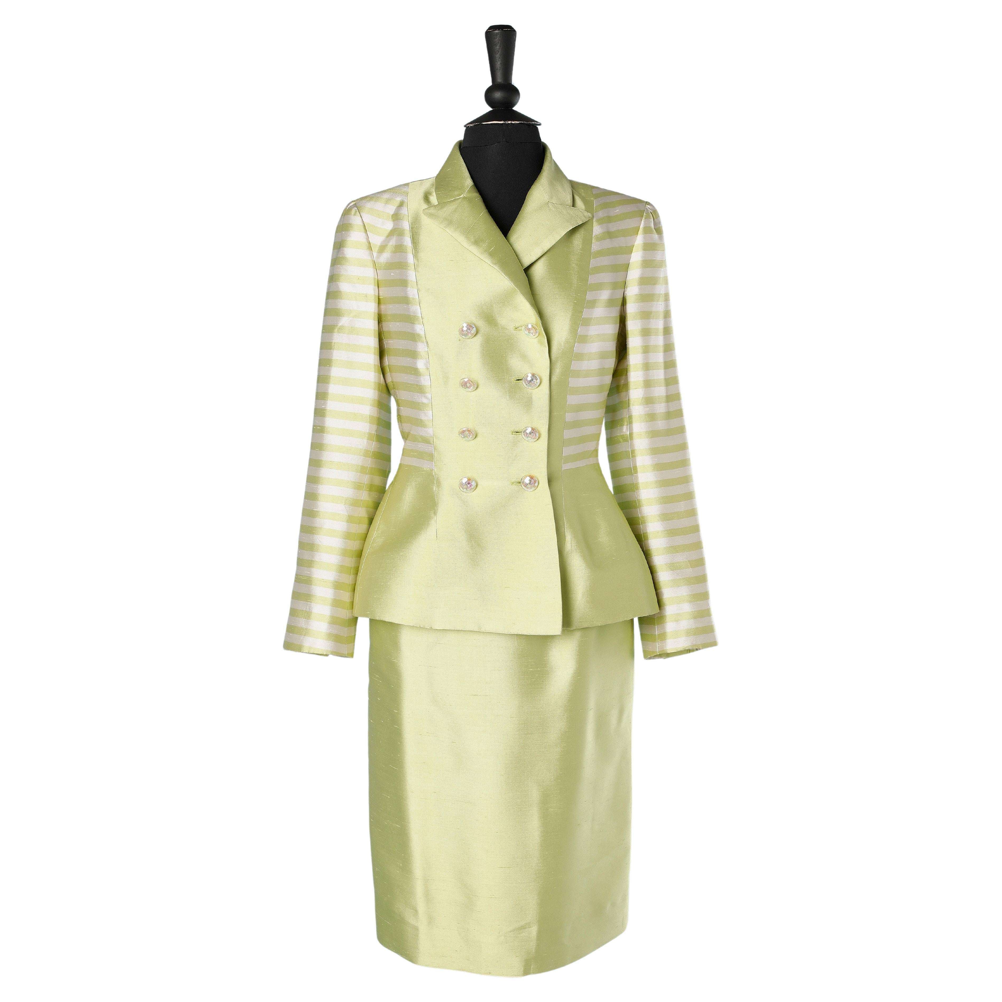 Green and white wild silk skirt-suit Jacques Fath for Neiman Marcus  For Sale
