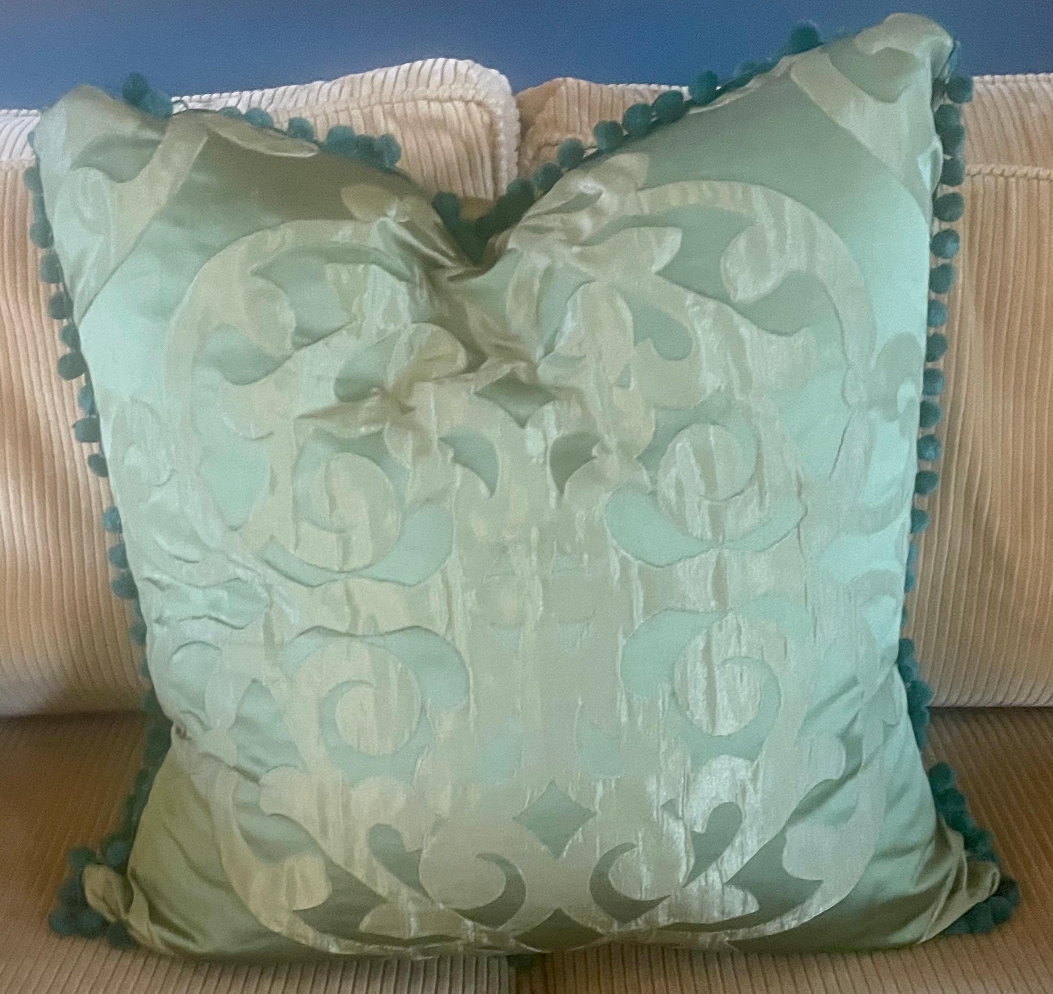 Italian Green and Yellow Damask Pillow For Sale