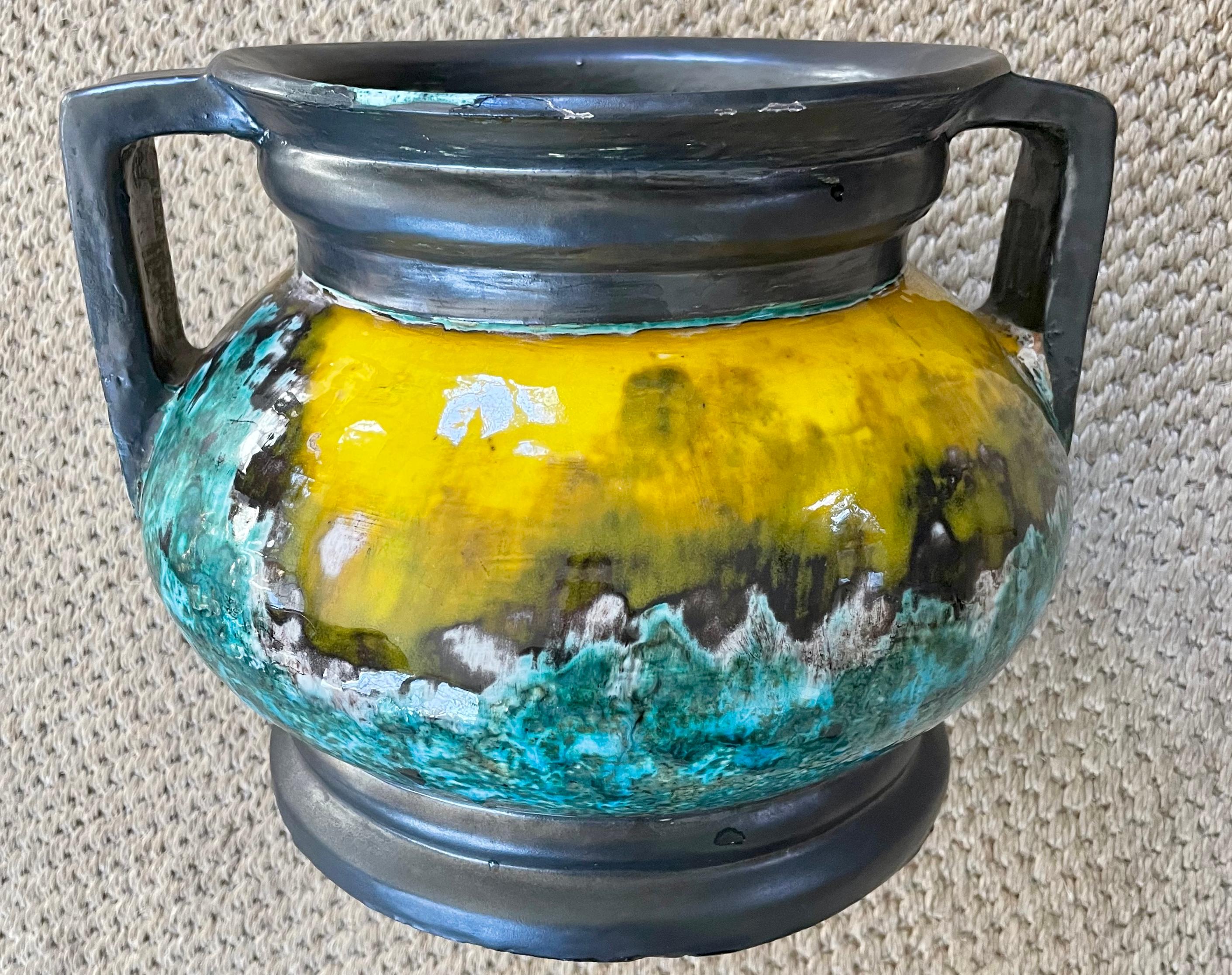 Italian Green and Yellow Handled Cachepot For Sale