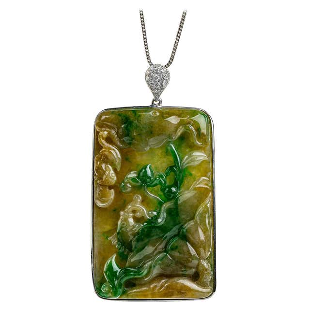 14k Yellow Gold Green and White Variegated Jadeite Jade Floral Pendant ...