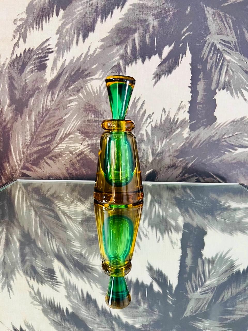 Green and Yellow Murano Glass Bottle Designed by Flavio Poli, c. 1960 4