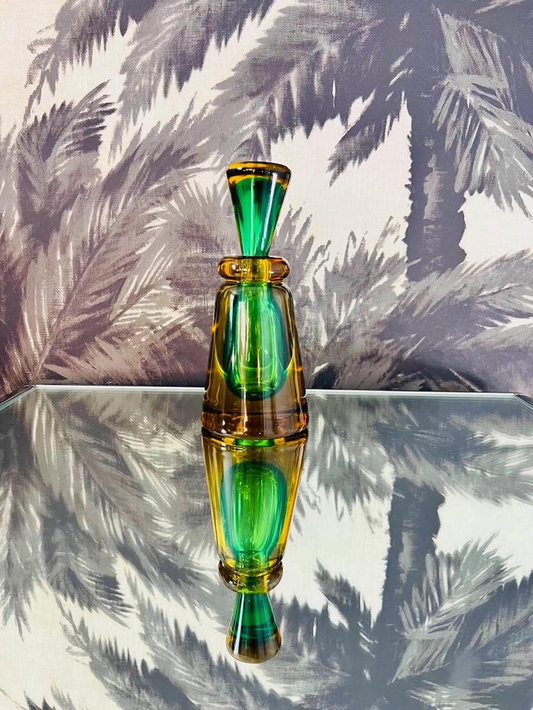 Green and Yellow Murano Glass Bottle Designed by Flavio Poli, c. 1960 For Sale 4