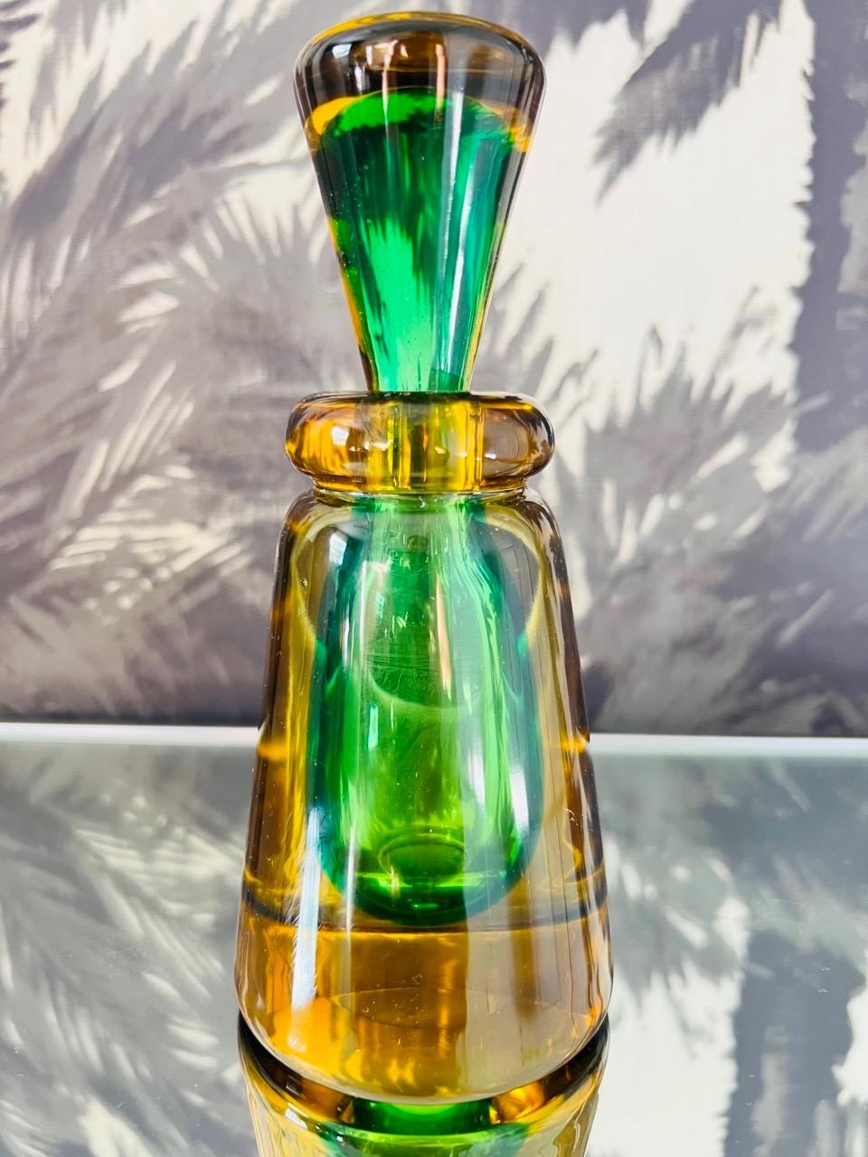 Mid-Century Modern Green and Yellow Murano Glass Bottle Designed by Flavio Poli, c. 1960