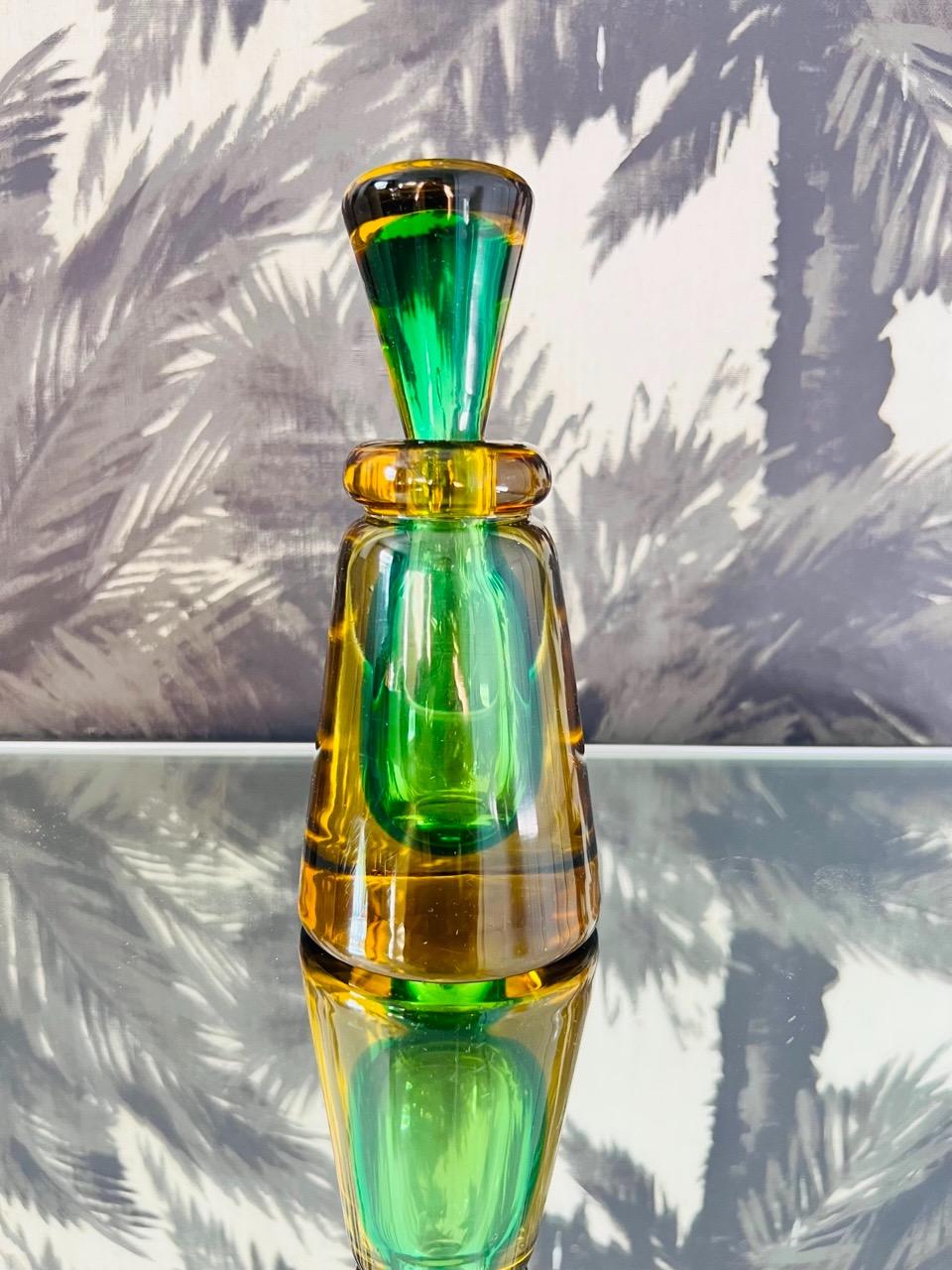 Italian Green and Yellow Murano Glass Bottle Designed by Flavio Poli, c. 1960