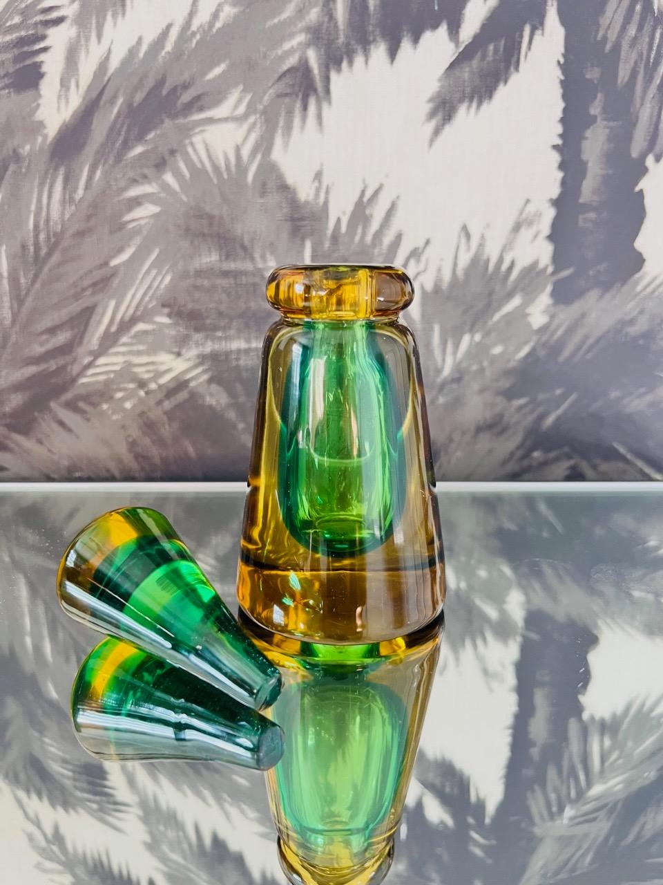 Hand-Crafted Green and Yellow Murano Glass Bottle Designed by Flavio Poli, c. 1960