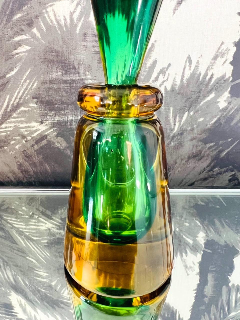 Green and Yellow Murano Glass Bottle Designed by Flavio Poli, c. 1960 In Good Condition In Fort Lauderdale, FL