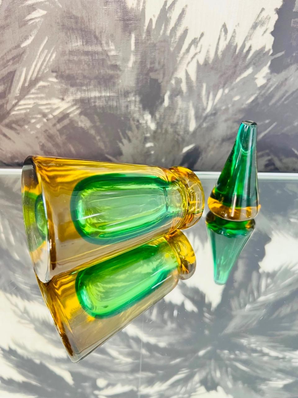 Mid-20th Century Green and Yellow Murano Glass Bottle Designed by Flavio Poli, c. 1960
