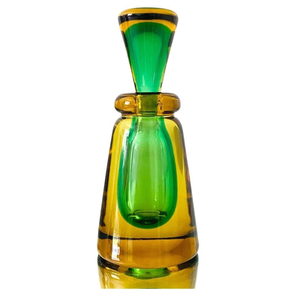 Green and Yellow Murano Glass Bottle Designed by Flavio Poli, c. 1960