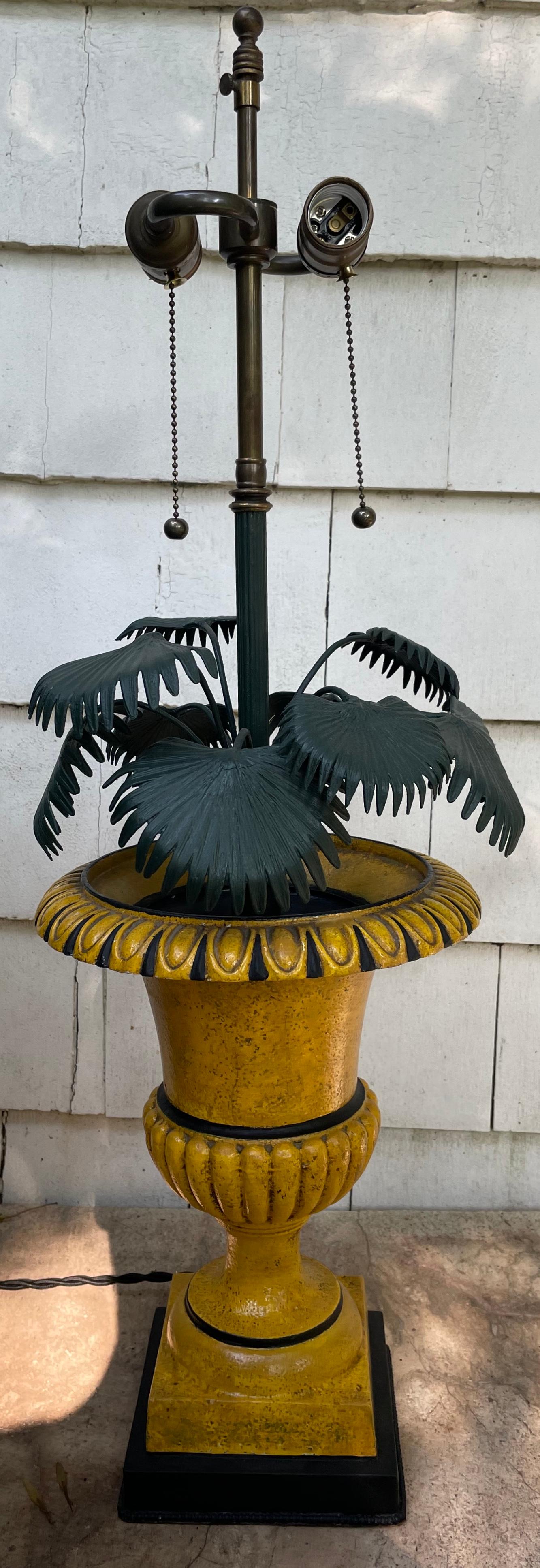 French Green and Yellow Potted Palm Urn Lamp For Sale