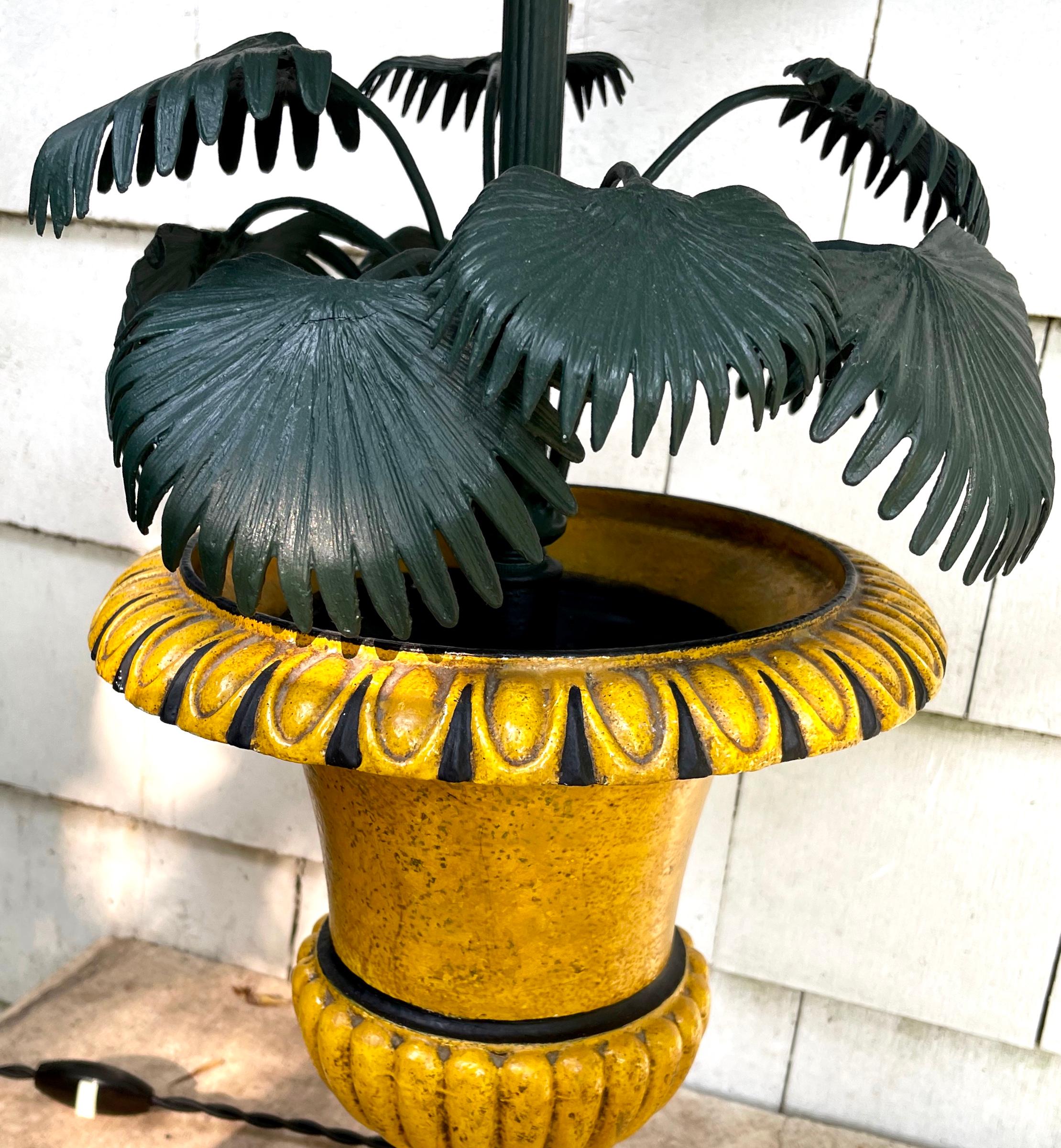 Hand-Crafted Green and Yellow Potted Palm Urn Lamp For Sale