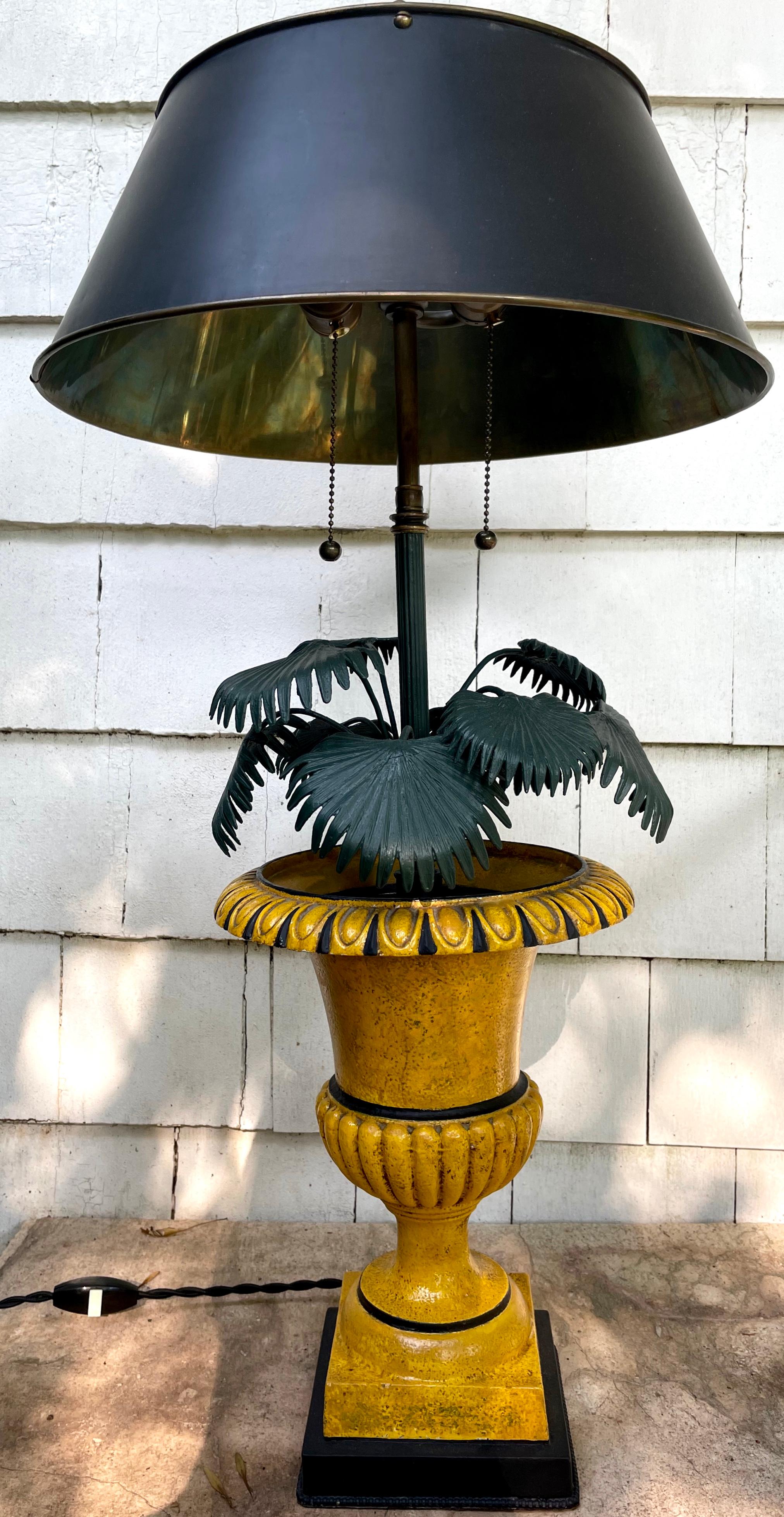 Metal Green and Yellow Potted Palm Urn Lamp For Sale