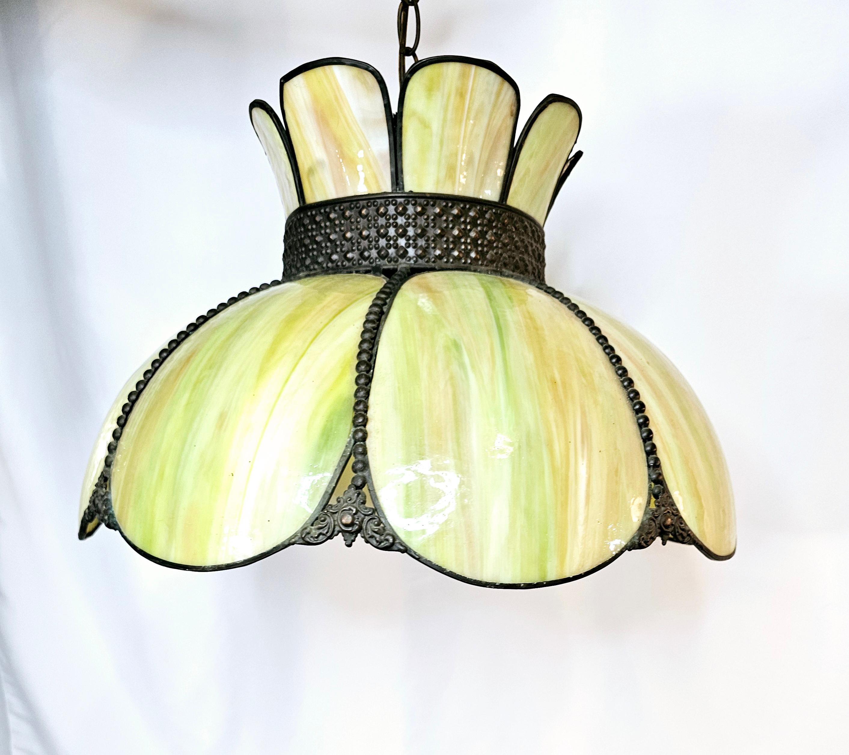 Green and yellow slag glass flower pendant/ swag light For Sale 2