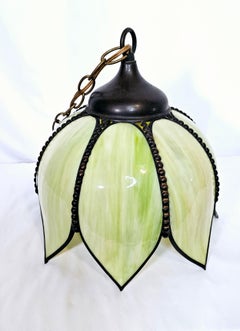 Green and yellow slag glass pendant/ swag tulip light