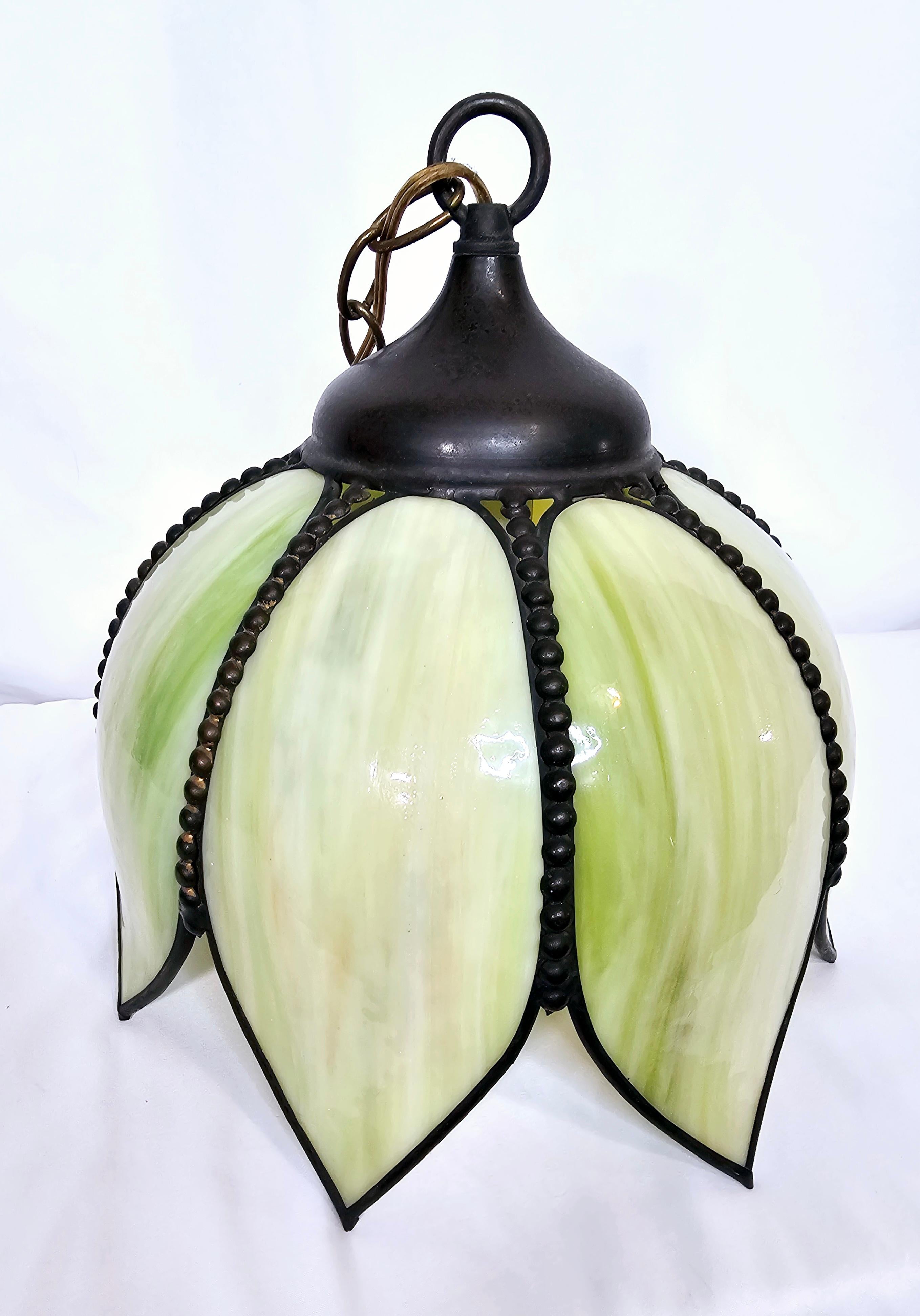 Slag Glass Green and yellow slag glass pendant/ swag tulip light For Sale