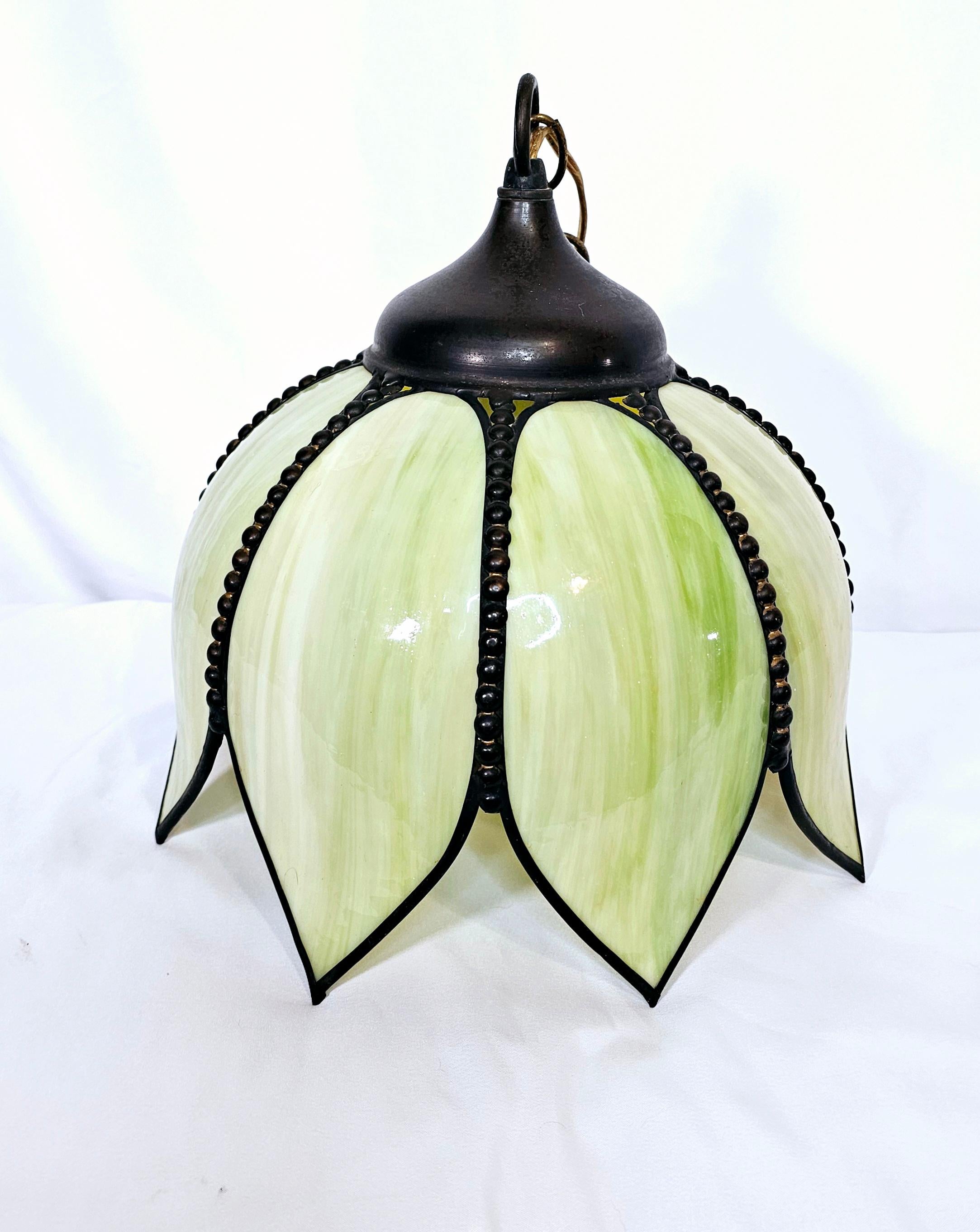 Green and yellow slag glass pendant/ swag tulip light For Sale 1