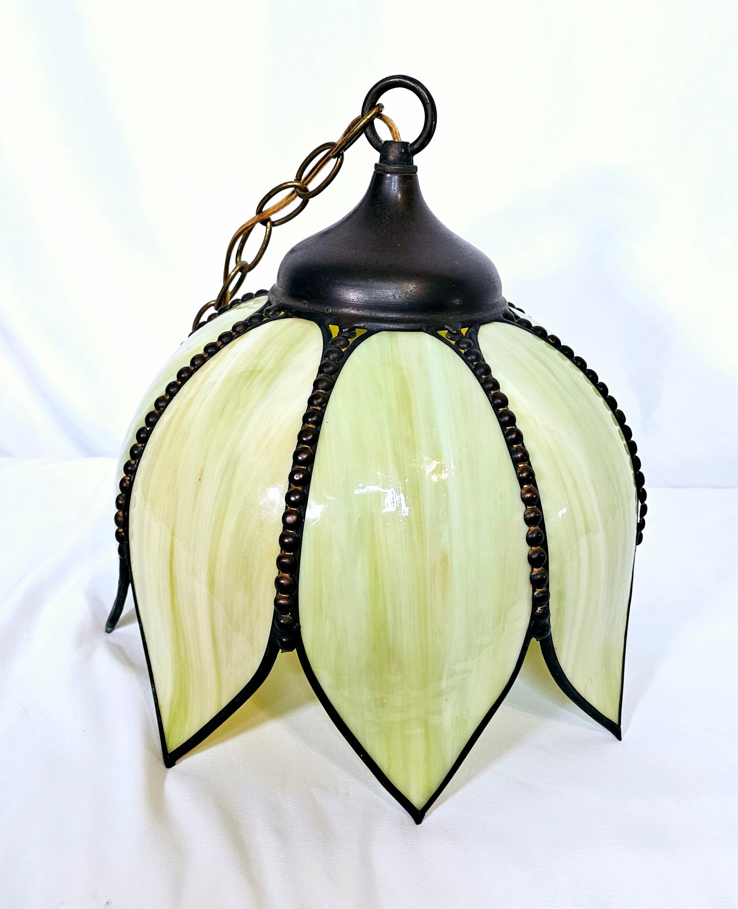 Green and yellow slag glass pendant/ swag tulip light For Sale 2