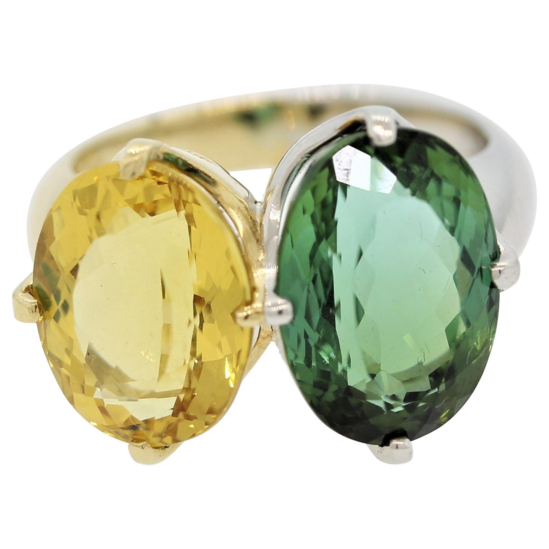 Green and Yellow Tourmaline Diamond Gold and Platinum “Twin” Ring