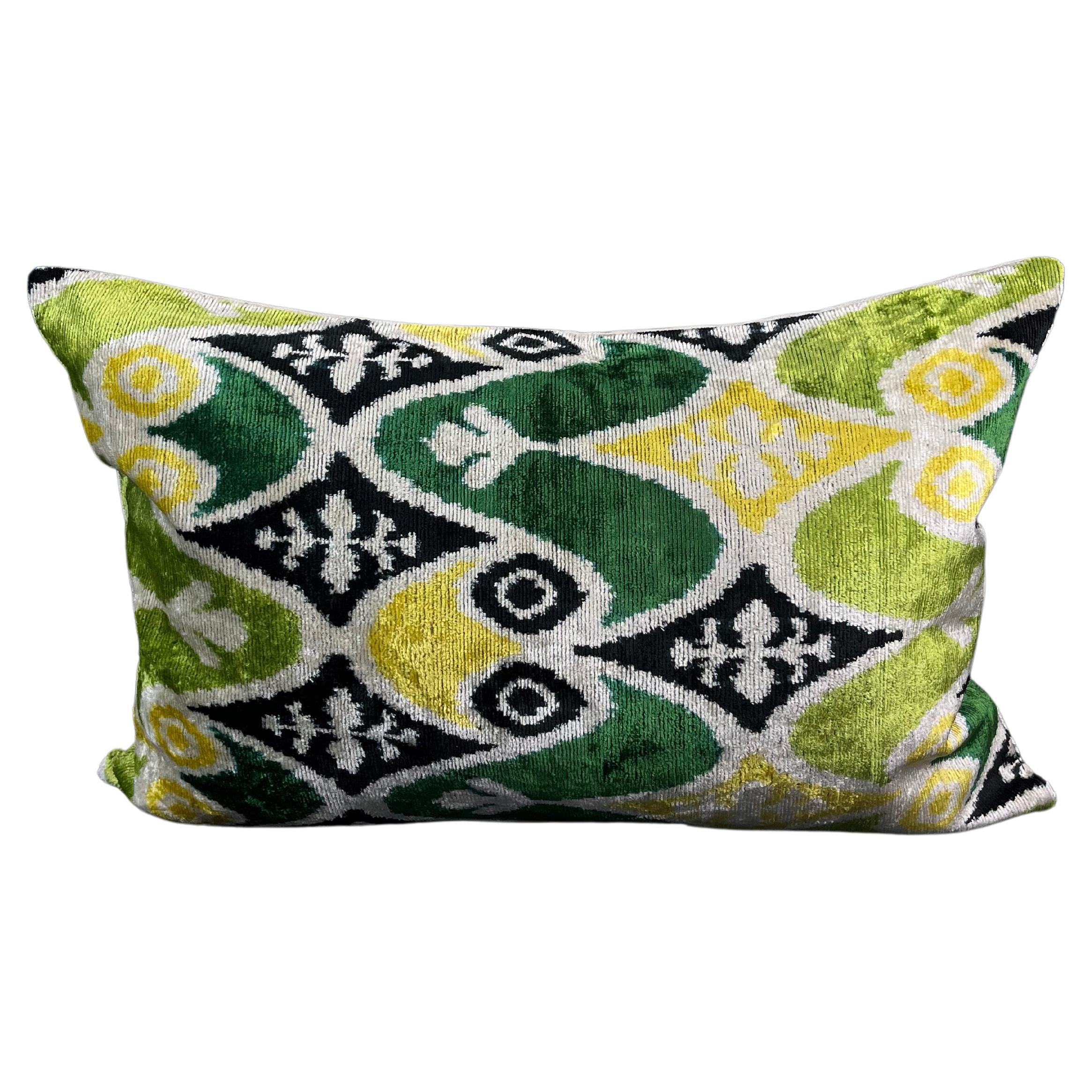 Green and Yellow Velvet Silk Ikat Pillow Cover