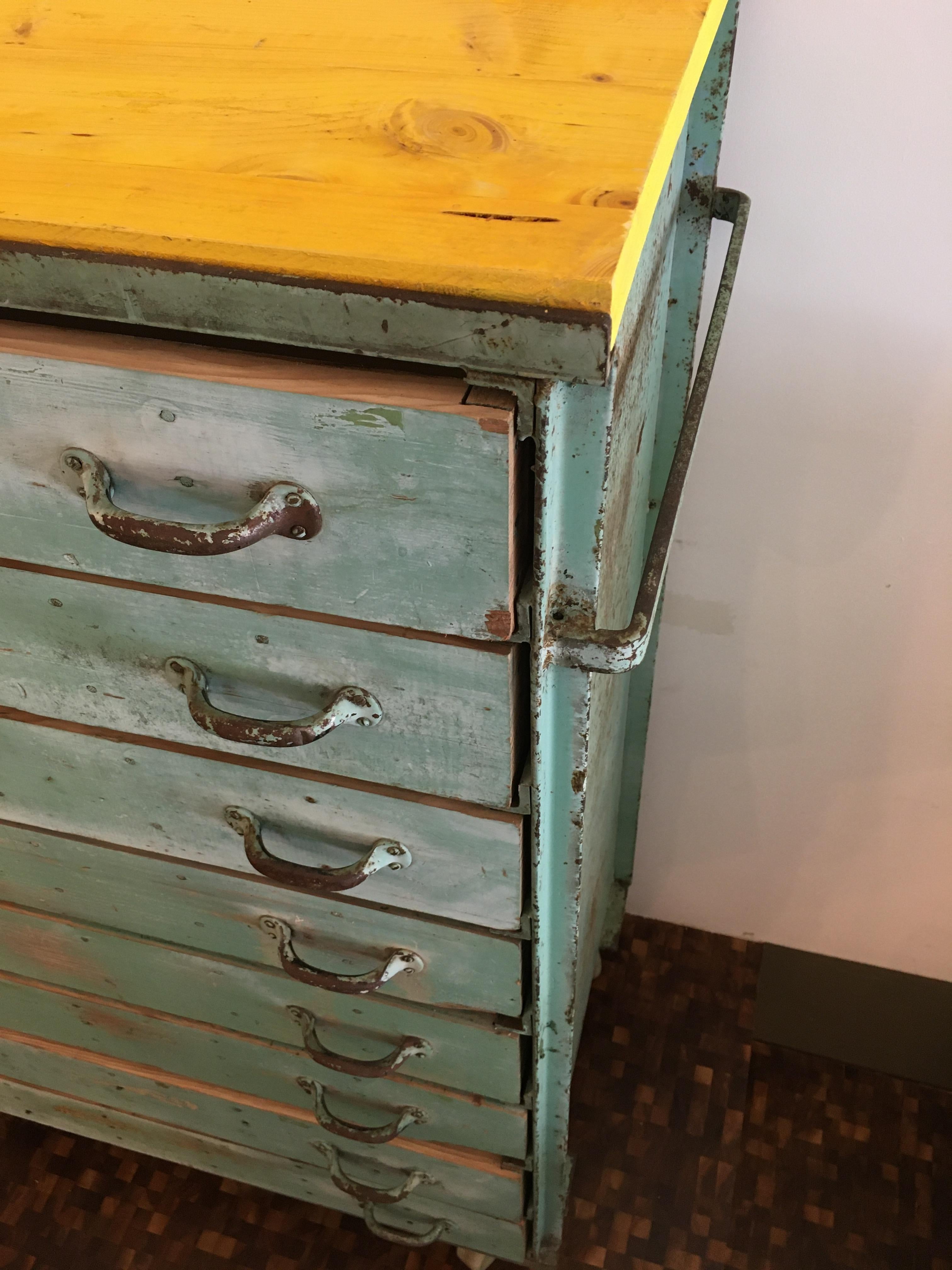 Green and yellow vintage iron Industrial storage cabinet Industrial cupboard of iron with character, with 8 drawer's.