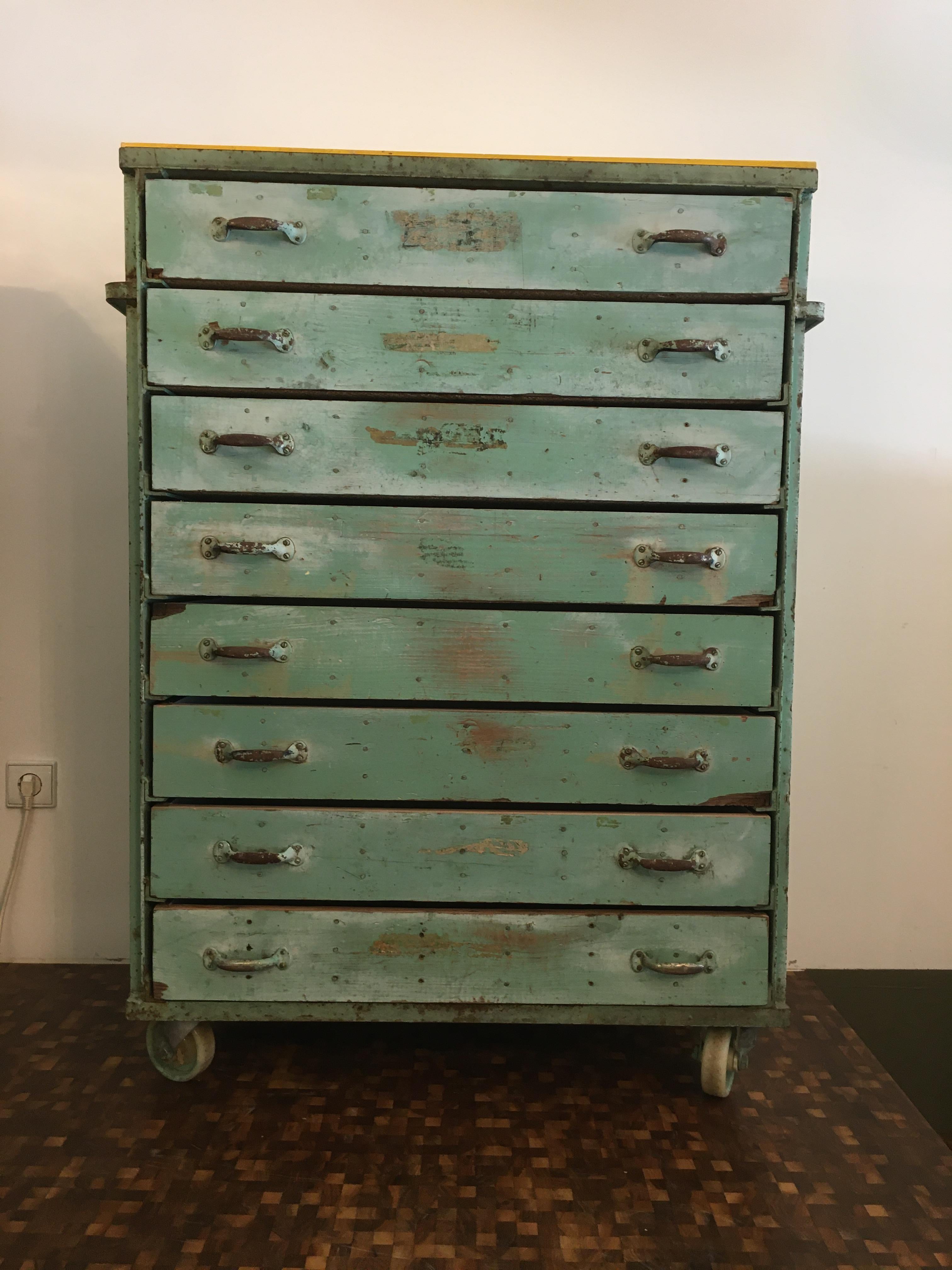 Portuguese Green and Yellow Vintage Iron Industrial Storage Cabinet For Sale