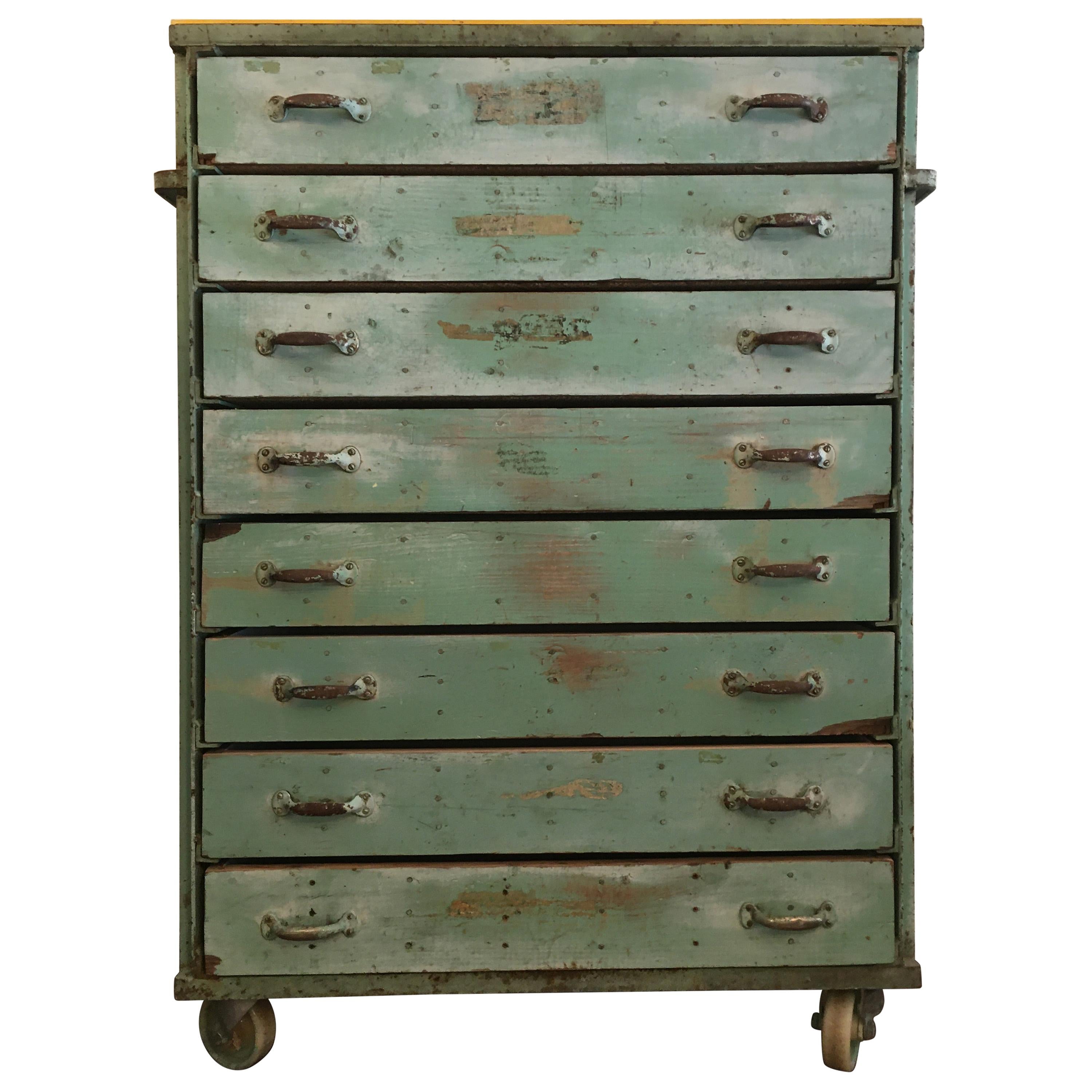 Green and Yellow Vintage Iron Industrial Storage Cabinet For Sale