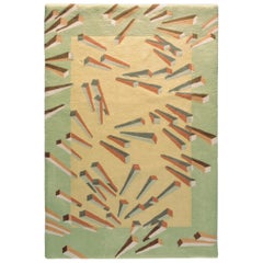 Green and Yellow with Red Accents 'Falling Pegs' Abstract Handtufted Wool Rug