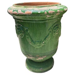 Vase jardinière en forme de cache-pot en terre cuite émaillée verte d'Anduze, France, Antique CA