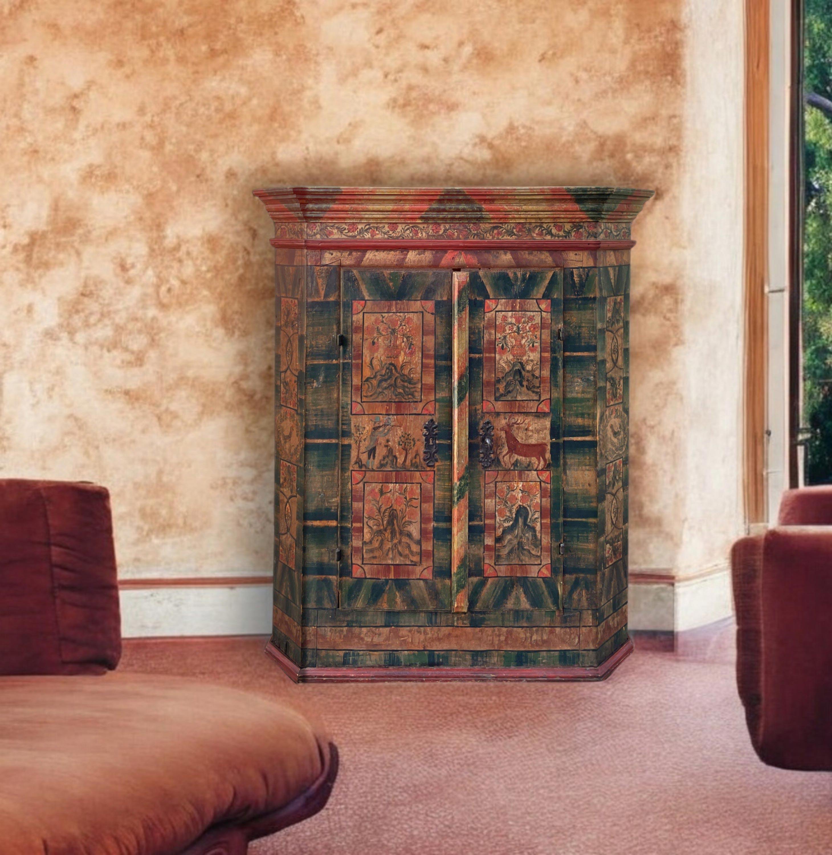 Green Tyrolean wardrobe dated 1792

Measurements: H. 167 cm – W. 124 (138 at the frames) cm – D. 55 (63 at the frames) cm
Period: 1792
Origin: Tyrol
Wood: Fir

Description:

Exceptional painted Tyrolean wardrobe with two doors, in petrol green and