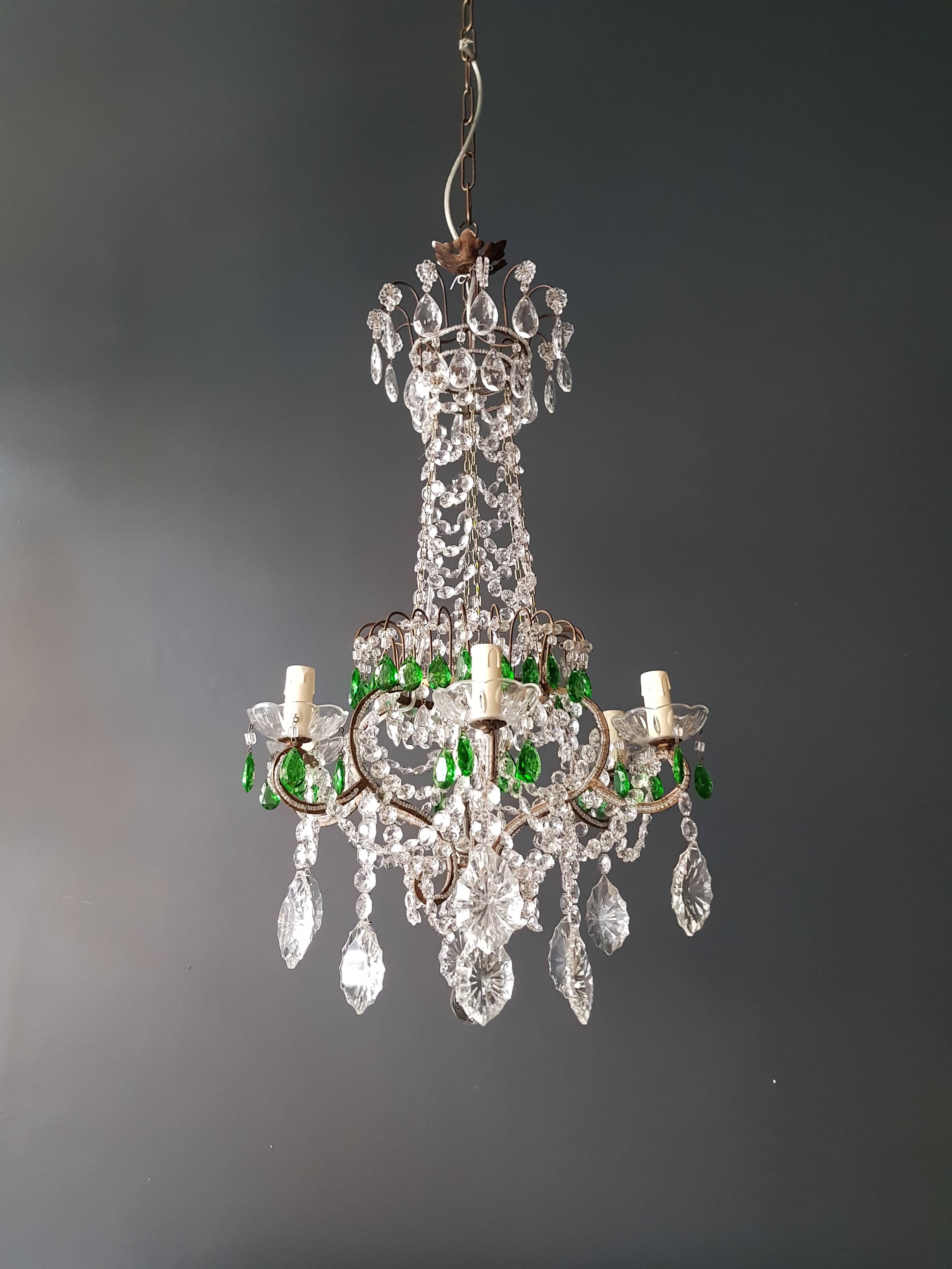 Green antique 1900s chandelier crystal lustre ceiling lamp rarity neoclassical
original antique preserved crystal chandelier, circa 1900. Cabling and sockets completely renewed. Crystal hand-knotted
Measure: Total height 130cm, height without