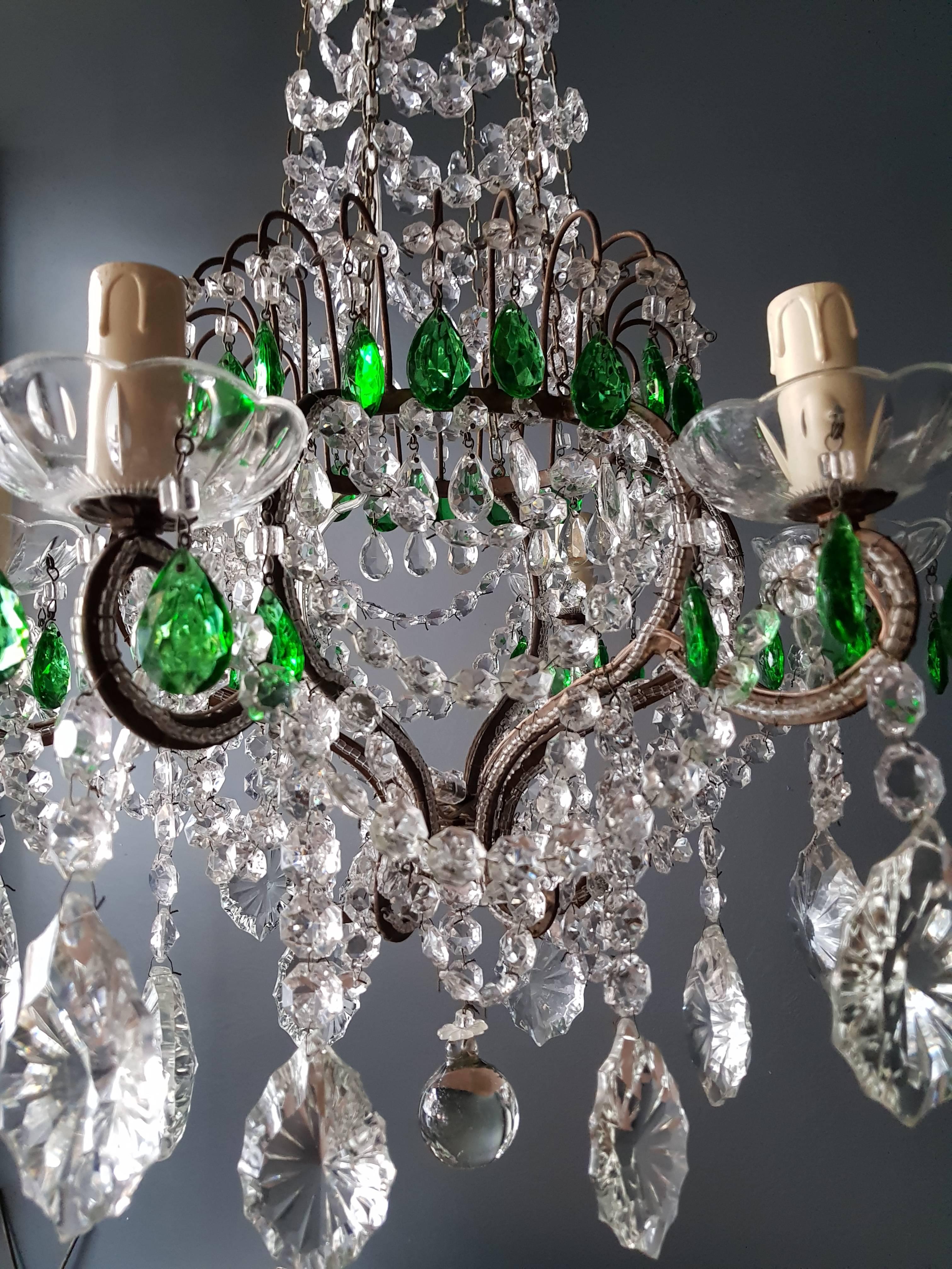 European Green Antique 1900s Chandelier Crystal Lustre Ceiling Lamp Rarity Neoclassical