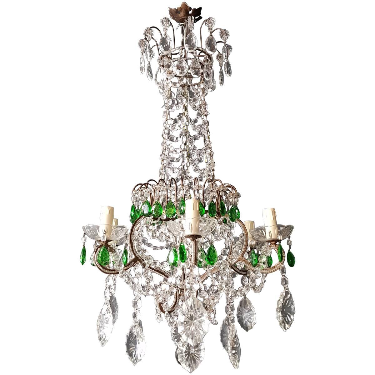 Green Antique 1900s Chandelier Crystal Lustre Ceiling Lamp Rarity Neoclassical