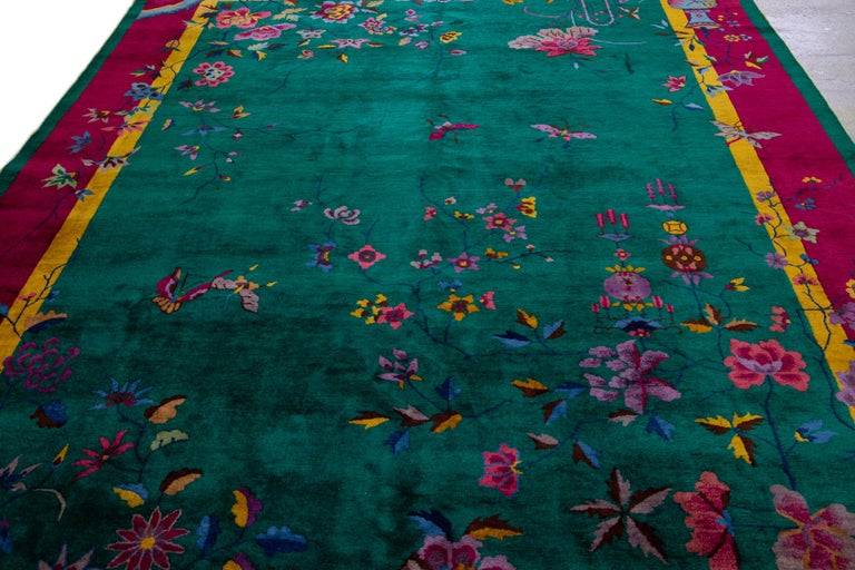 Green Antique Art Deco Chinese Handmade Floral Motif Wool Rug For Sale