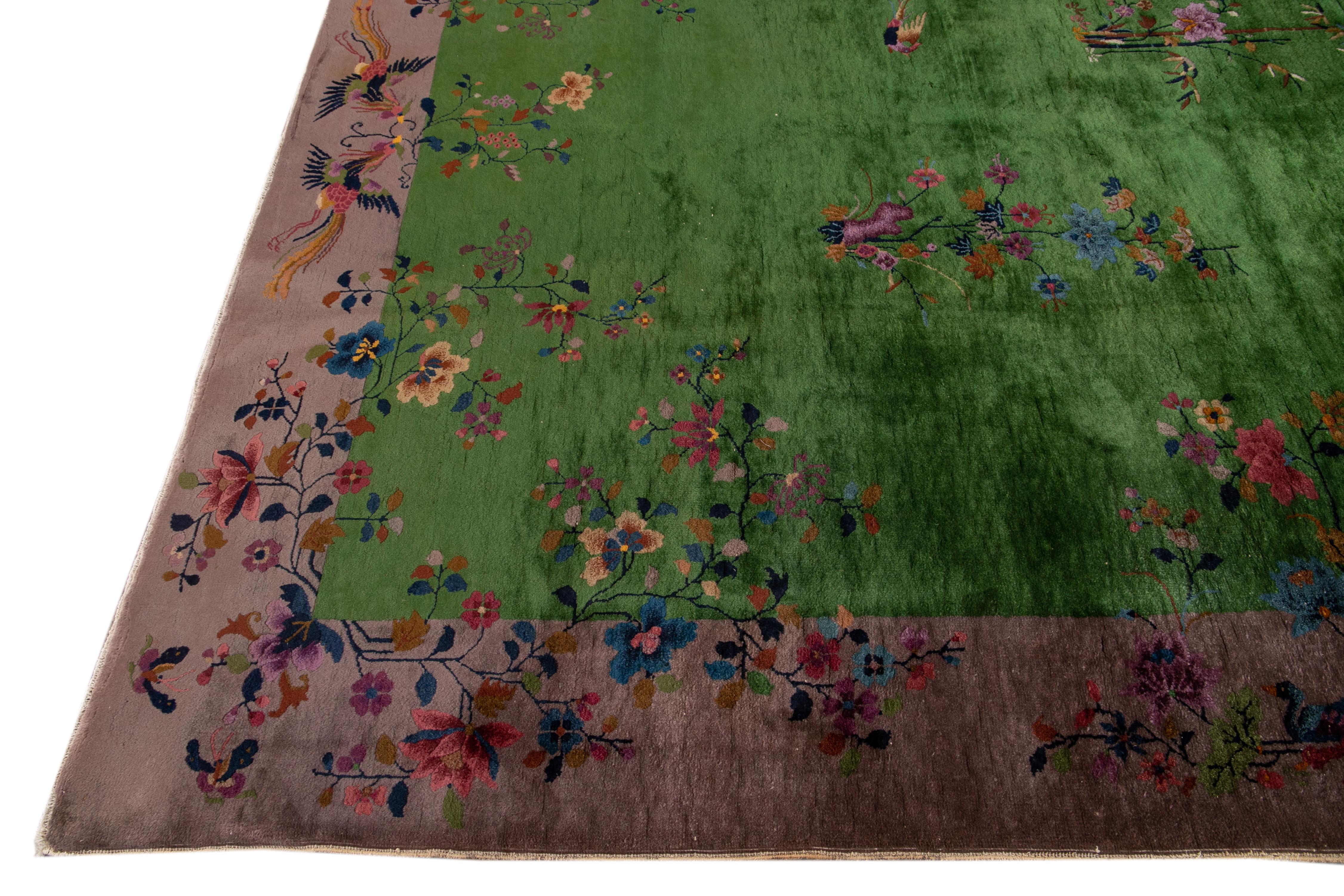 Green Antique Art Deco Chinese Handmade Wool Rug 5