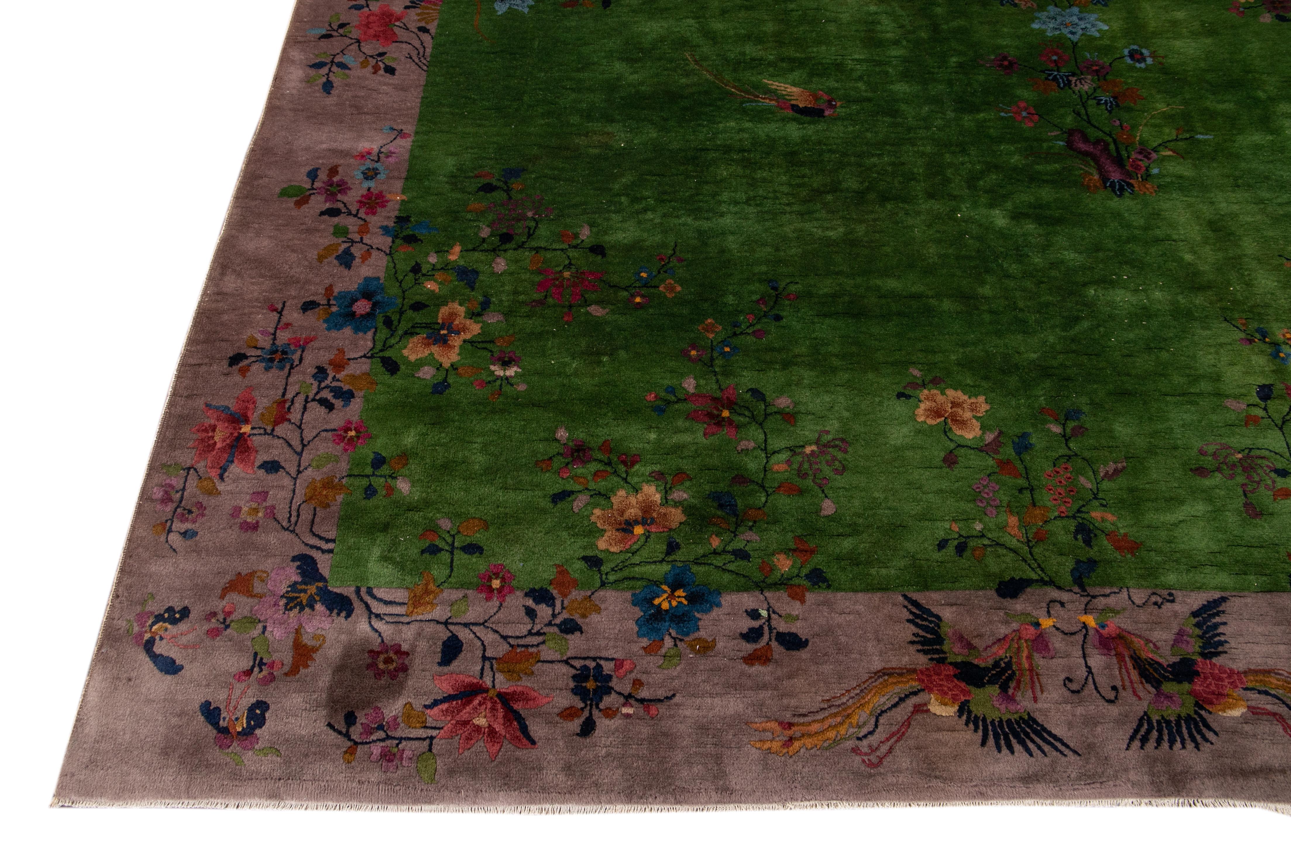 Hand-Knotted Green Antique Art Deco Chinese Handmade Wool Rug