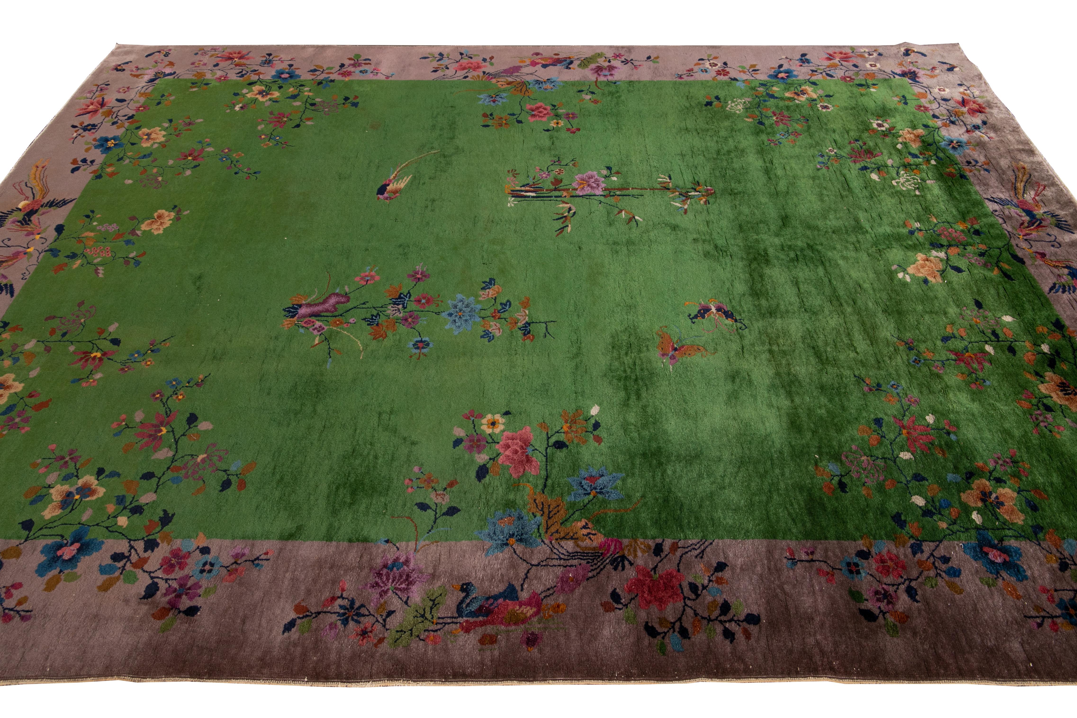 Other Green Antique Art Deco Chinese Handmade Wool Rug