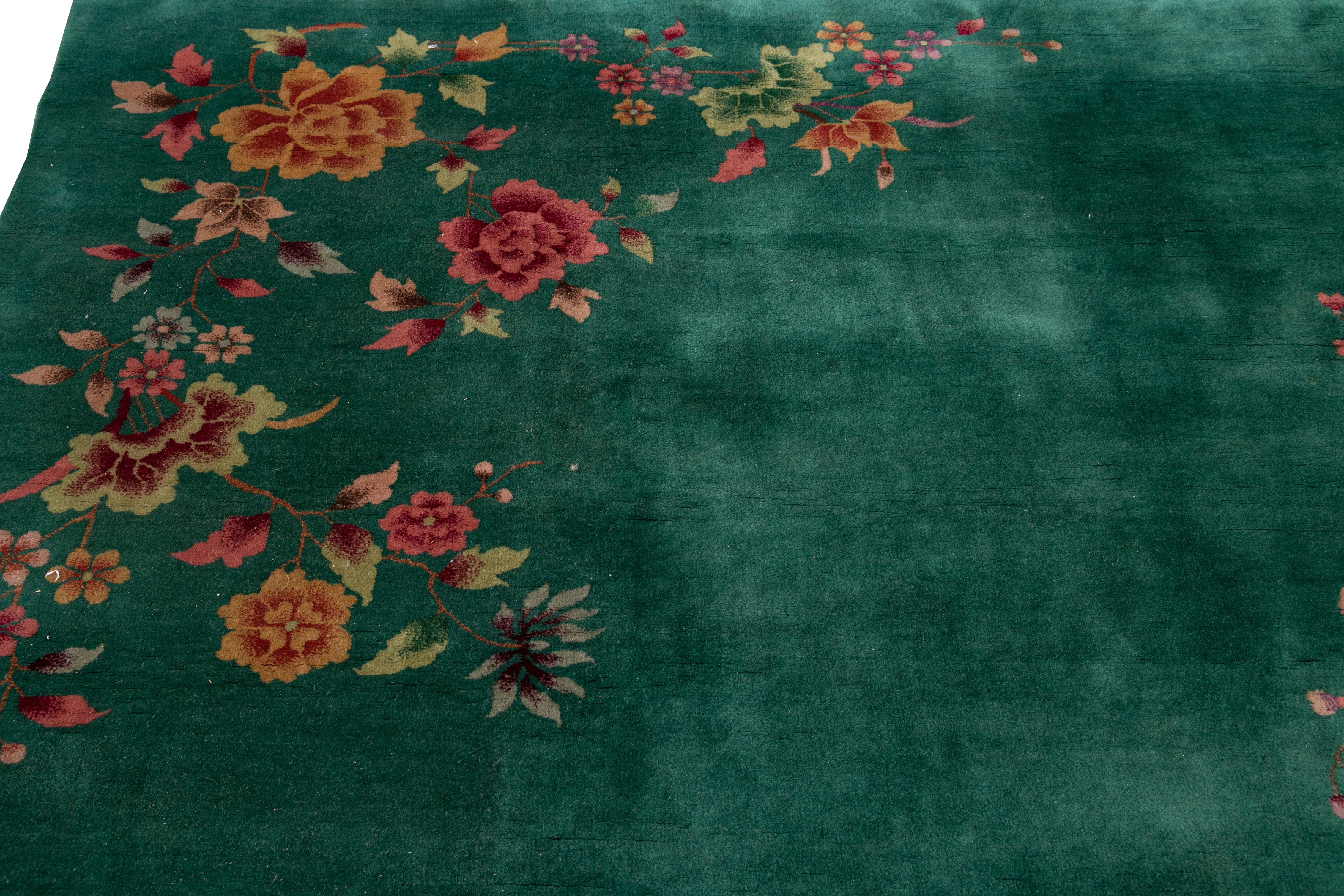 Hand-Knotted Green Antique Art Deco Chinese Wool Rug