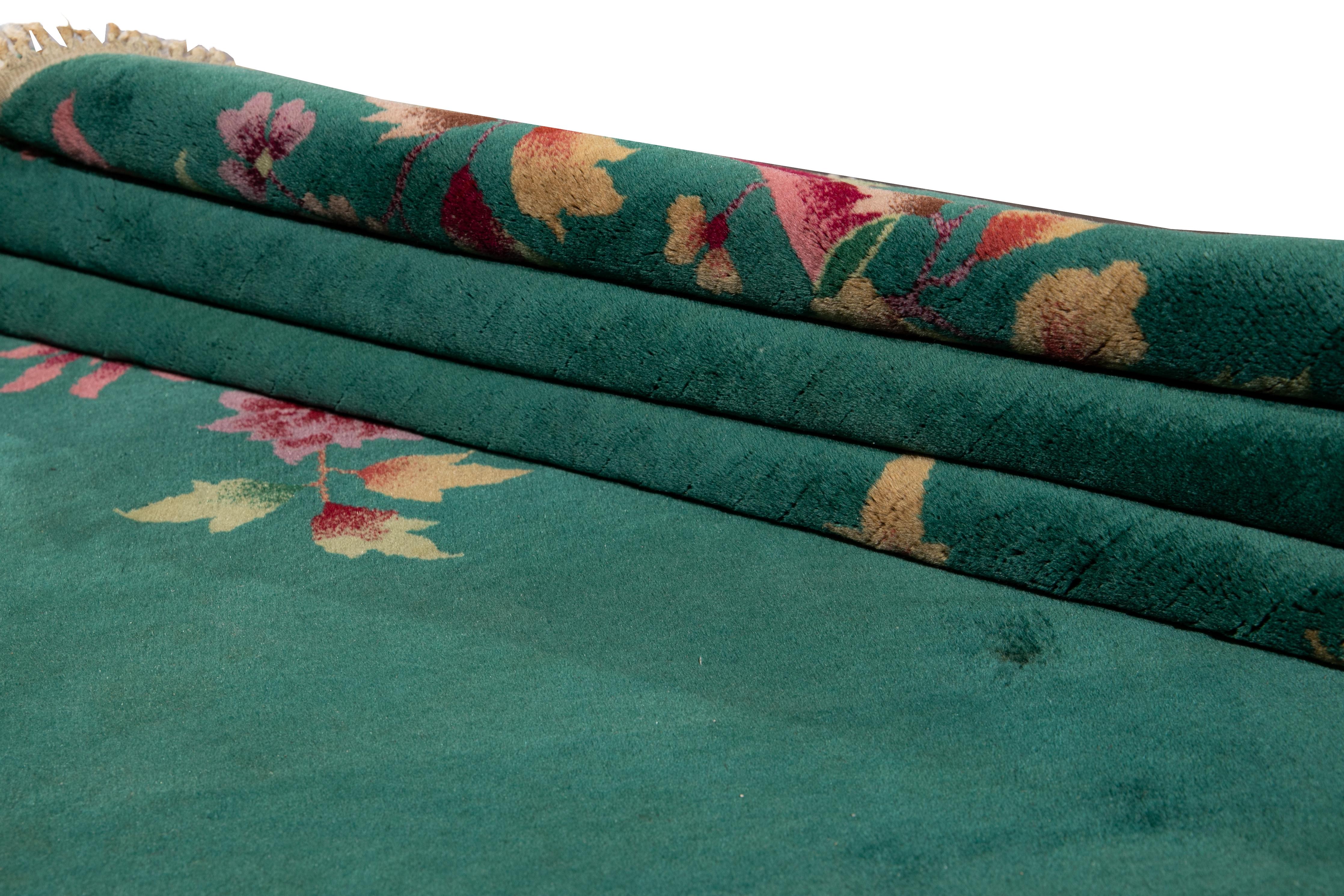 Green Antique Art Deco Chinese Wool Rug In Good Condition In Norwalk, CT