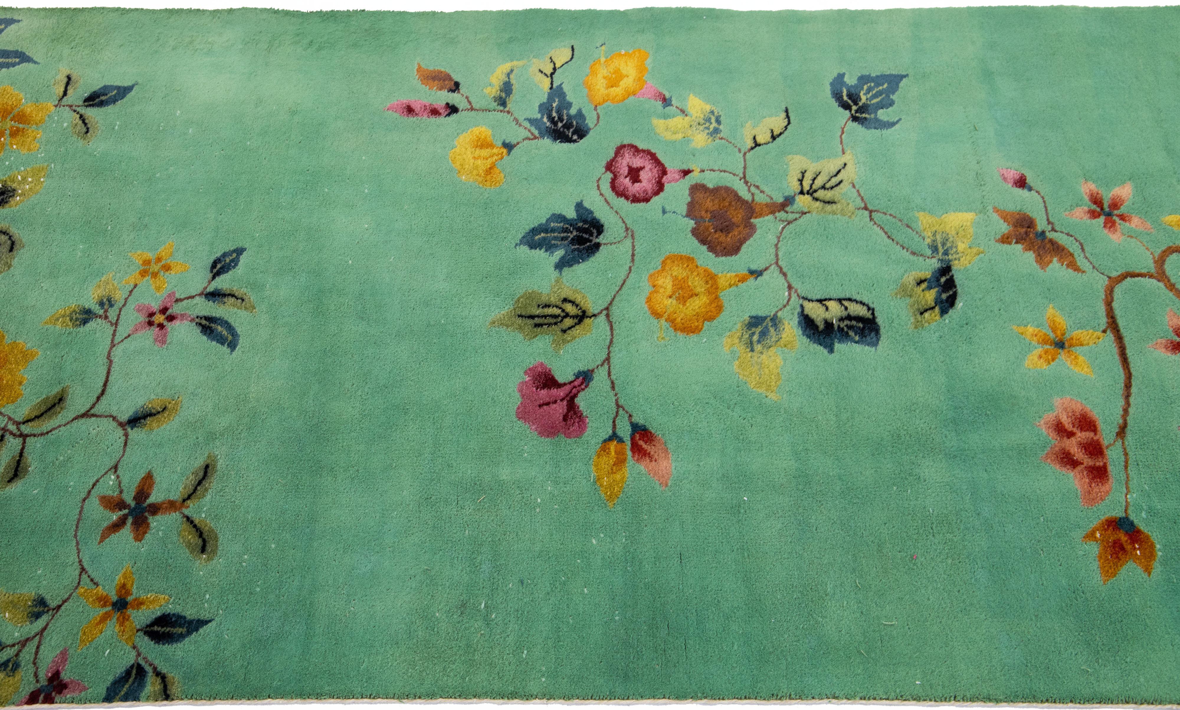 Hand-Knotted Green Antique Art Deco Handmade Floral Chinese Wool Rug For Sale