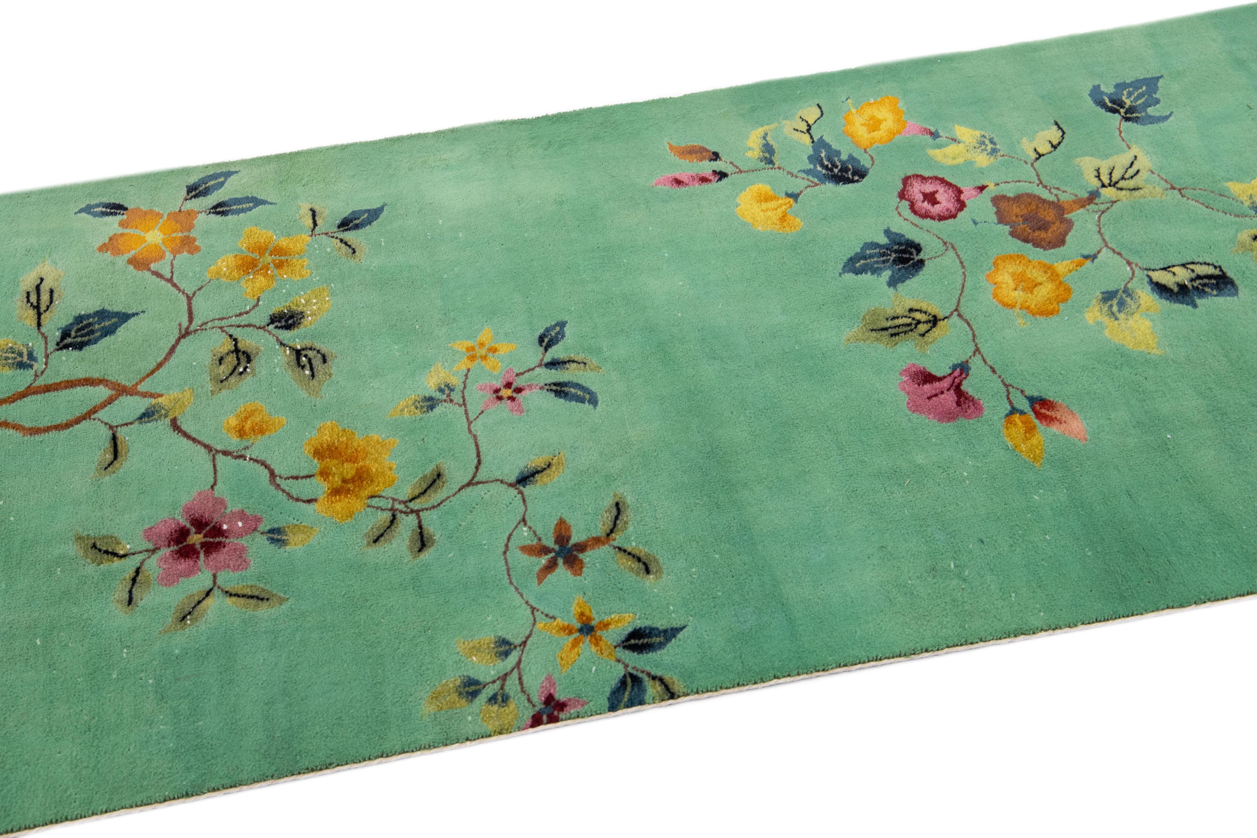 20th Century Green Antique Art Deco Handmade Floral Chinese Wool Rug For Sale