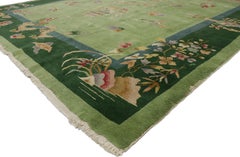 Green Antique Chinese Art Deco Rug with Dragons and Ming Dynasty Style