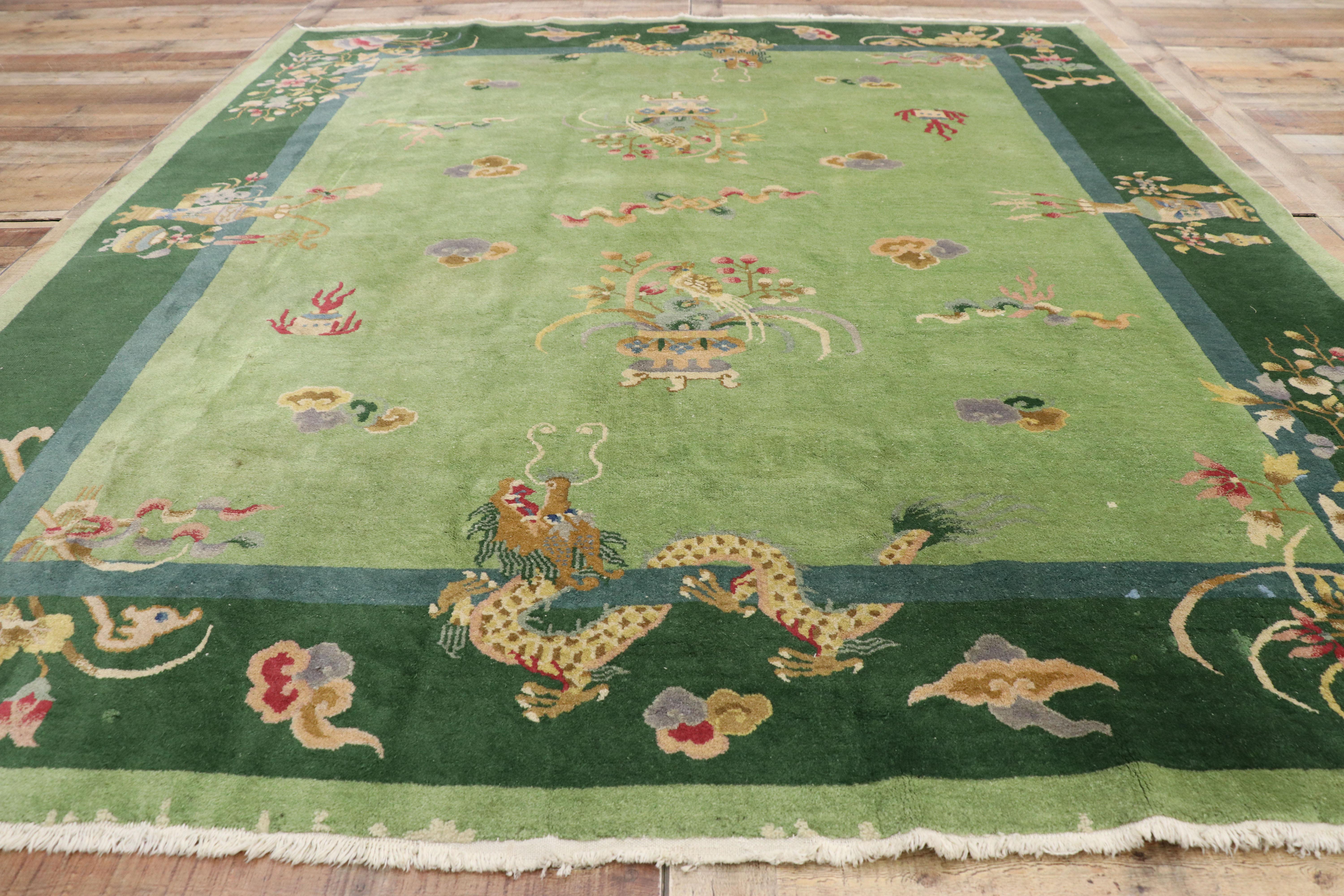 Green Antique Chinese Art Deco Rug with Dragons and Ming Dynasty Style In Good Condition In Dallas, TX