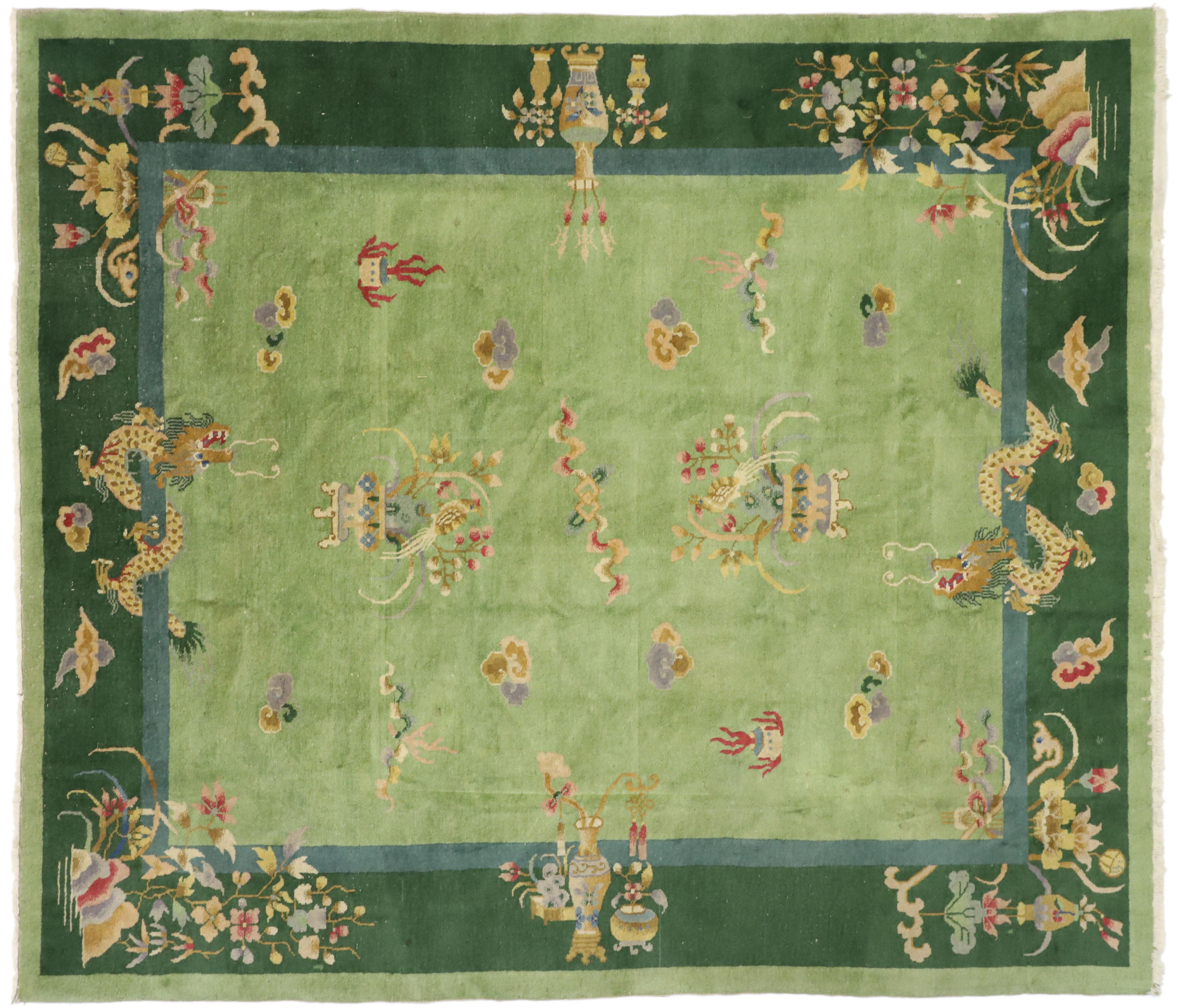 Wool Green Antique Chinese Art Deco Rug with Dragons and Ming Dynasty Style