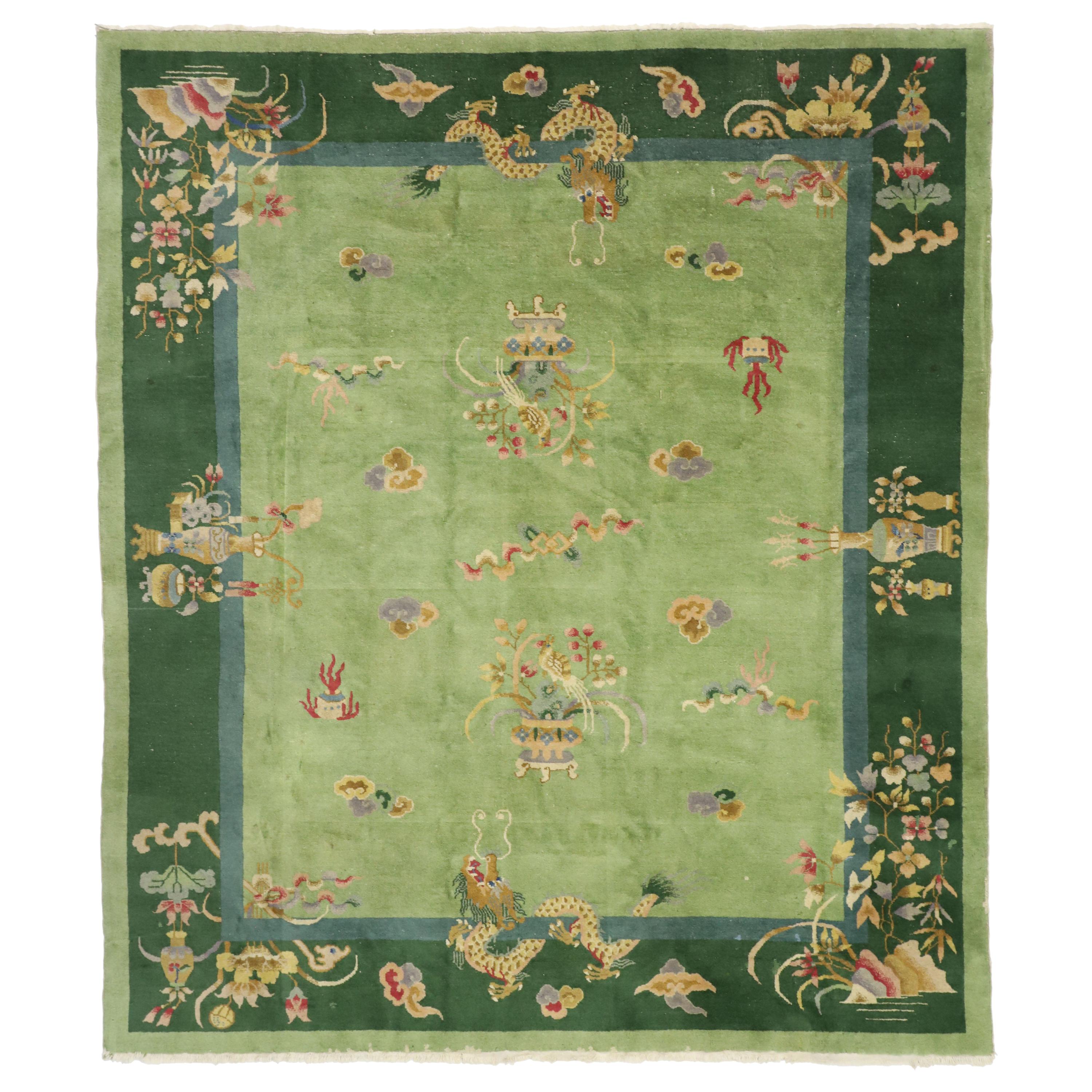 Green Antique Chinese Art Deco Rug with Dragons and Ming Dynasty Style