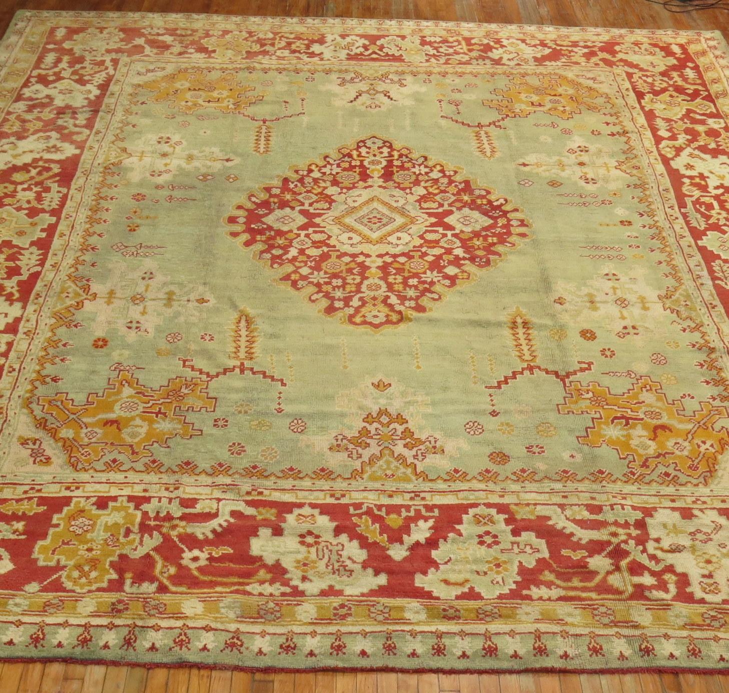 Large Square Green Antique Oushak Rug For Sale 11