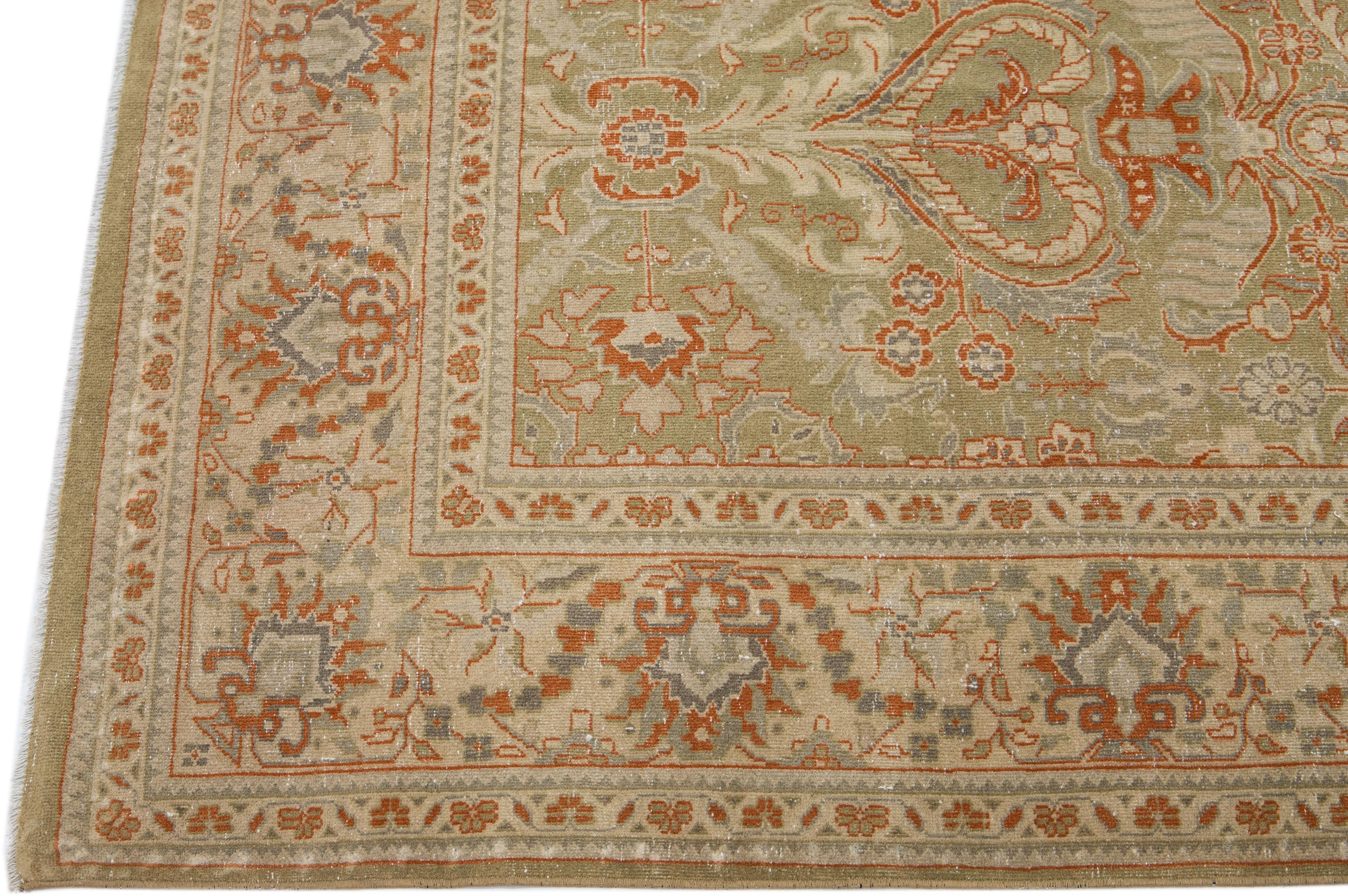 Green Antique Persian Mahal Handmade Square Wool Rug with Allover Floral Design In Good Condition For Sale In Norwalk, CT